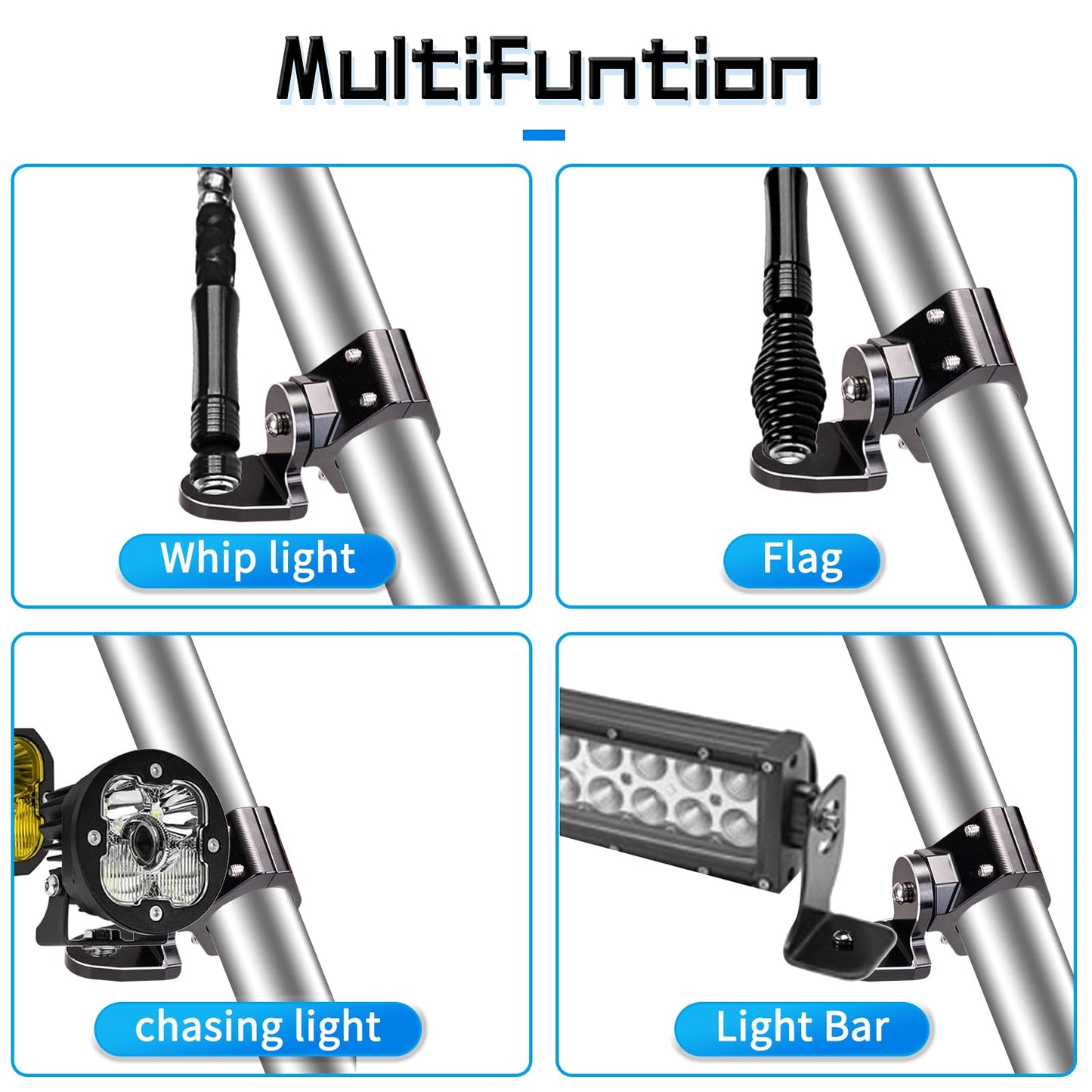 Dicater Soporte de montaje UTV de 360° para bandera/luz LED látigo/antena para barra de rollo de 1.7-2 pulgadas compatible con todos los UTV Can Am Maverick X3 Commander Polaris RZR 900 1000 XP Pro, paquete de 2