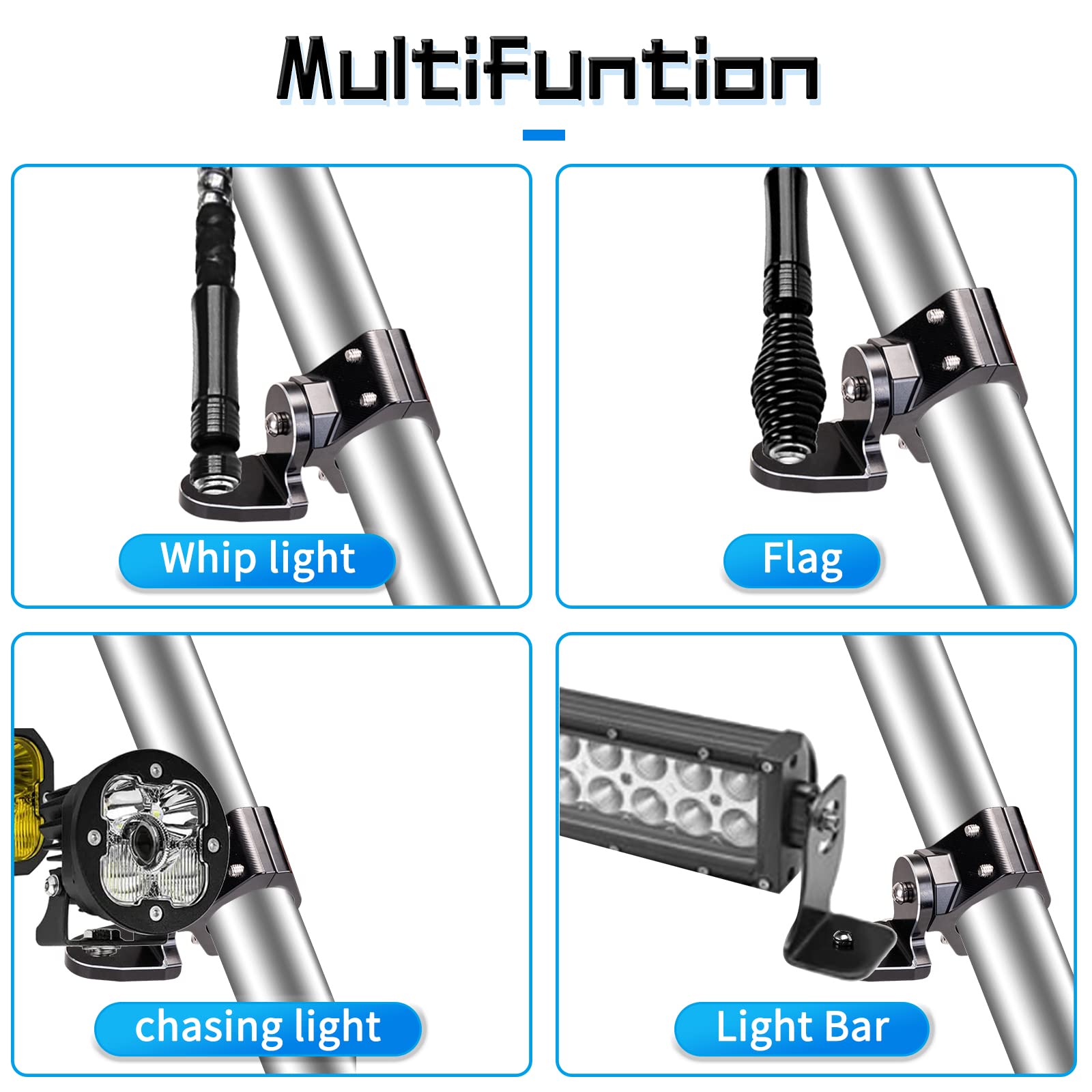 Dicater Soporte de montaje UTV de 360° para bandera/luz LED látigo/antena para barra de rollo de 1.7-2 pulgadas compatible con todos los UTV Can Am Maverick X3 Commander Polaris RZR 900 1000 XP Pro, paquete de 2