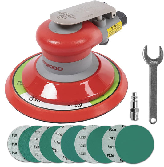 Lijadora orbital aleatoria neumática de 6 pulgadas Lijadora de palma ligera de 3/16 pulgadas (5 mm) de diámetro, órbita de 12000 RPM con 15 piezas extra de papel de lija