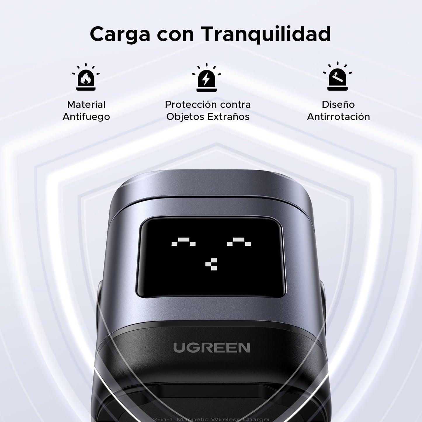 UGREEN UNO Cargador Inalámbrico 2 en 1 15W Qi2 Certificado, Carga Inalámbrica Magnético Compatible con iPhone 16/15/14/13/12, AirPods 2/3, Soporte Cargable Ajustable en Ángulo Con Emoji de Inteligente
