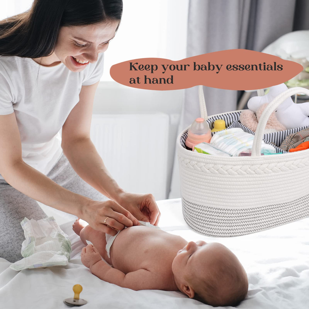 Organizador de pañales de lujo para bebé, cesta de pañales extra grande de cuerda de algodón para guardería, organizador de cambiador, bolsa portátil con divisor, almacenamiento de coche, regalos de