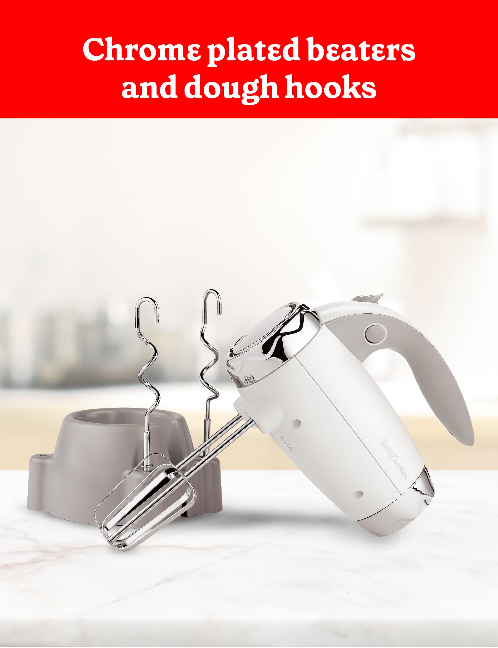BETTY CROCKER - Batidora de mano eléctrica de 7 velocidades, 250 W con batidores y ganchos para masa, mezclador de mano eléctrico ergonómico para el hogar y la cocina con soporte y mango suave al