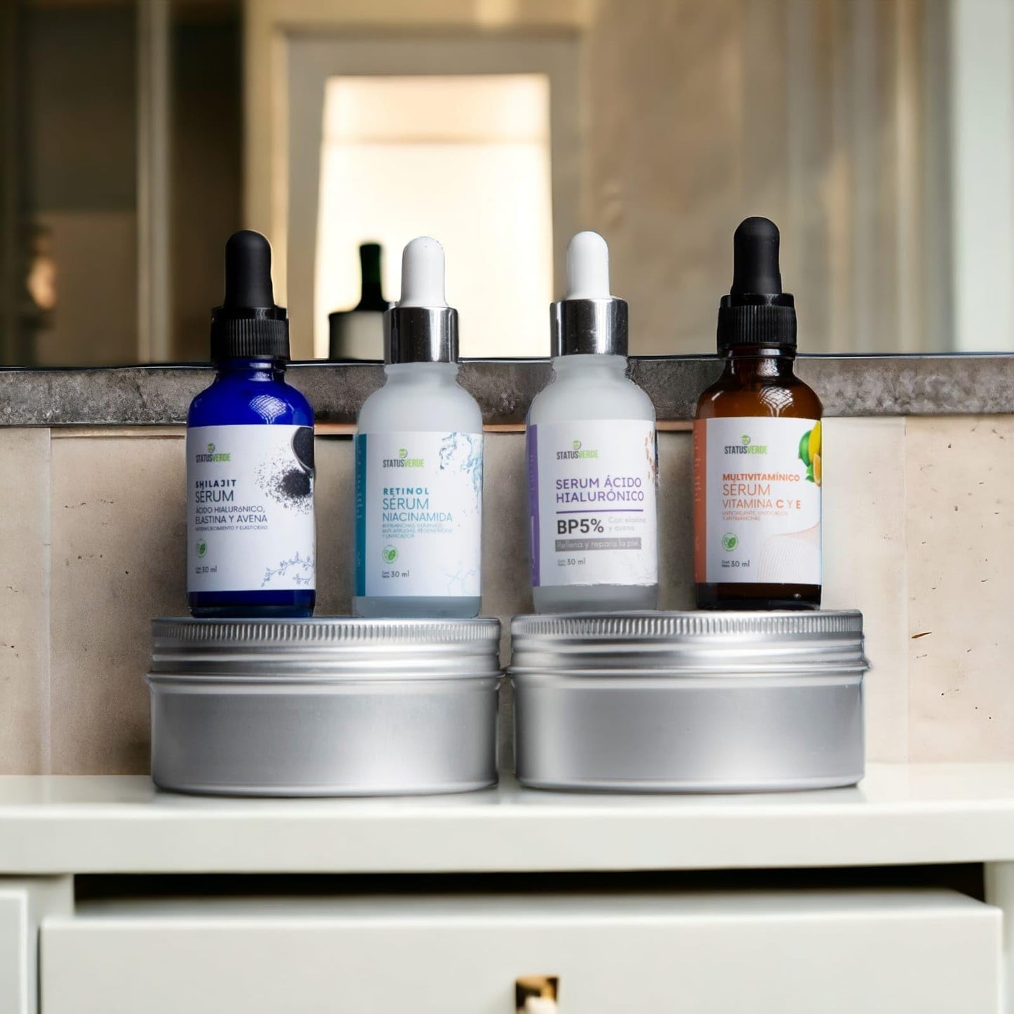 STATUS VERDE, Serum facial Antienvejecimiento. de ACIDO HIALURONICO con Elastina y Avena, Aclara, ilumina y estira la piel, para uso diario, 30ml