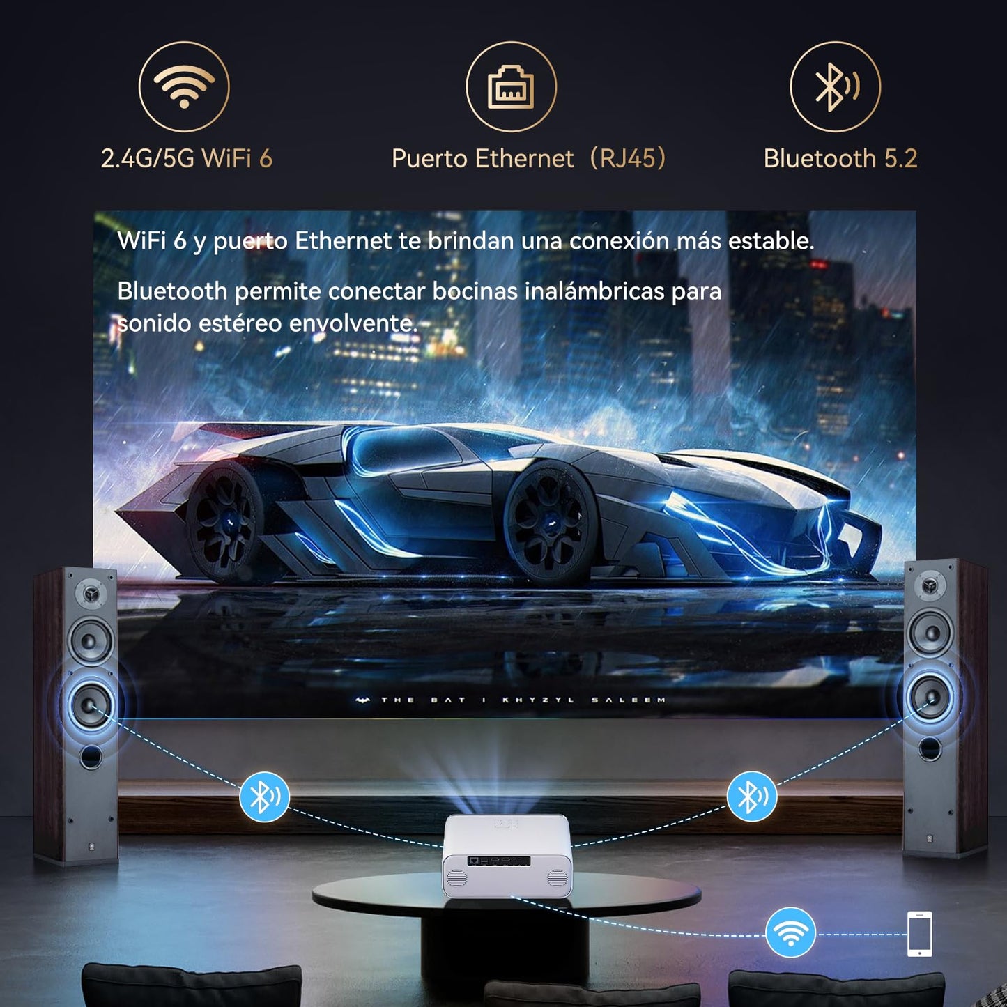 VUEKIME 【Enfoque Automático/1000ANSI】 Proyector 4K Pro Portátil, Android 12.0, Silencioso, 300 Pulgadas, 40000 Lúmenes, Soporte 4K, 2.4/5GHz WiFi 6, Bluetooth 5.2, Compatible con iOS/Android/PC/PS5