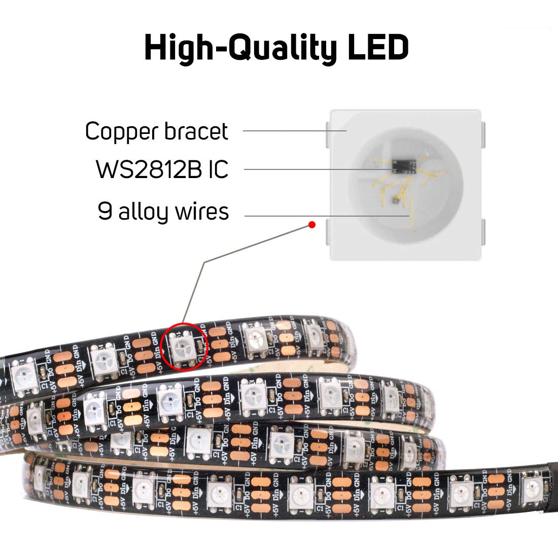 BTF-LIGHTING WS2812B - Tira de LED RGB ECO, efectos de persecución 5050SMD direccionable individualmente 3.3 pies 60 Pixeles/m, color flexible de ensueño IP30 para proyectos de bricolaje de recámara