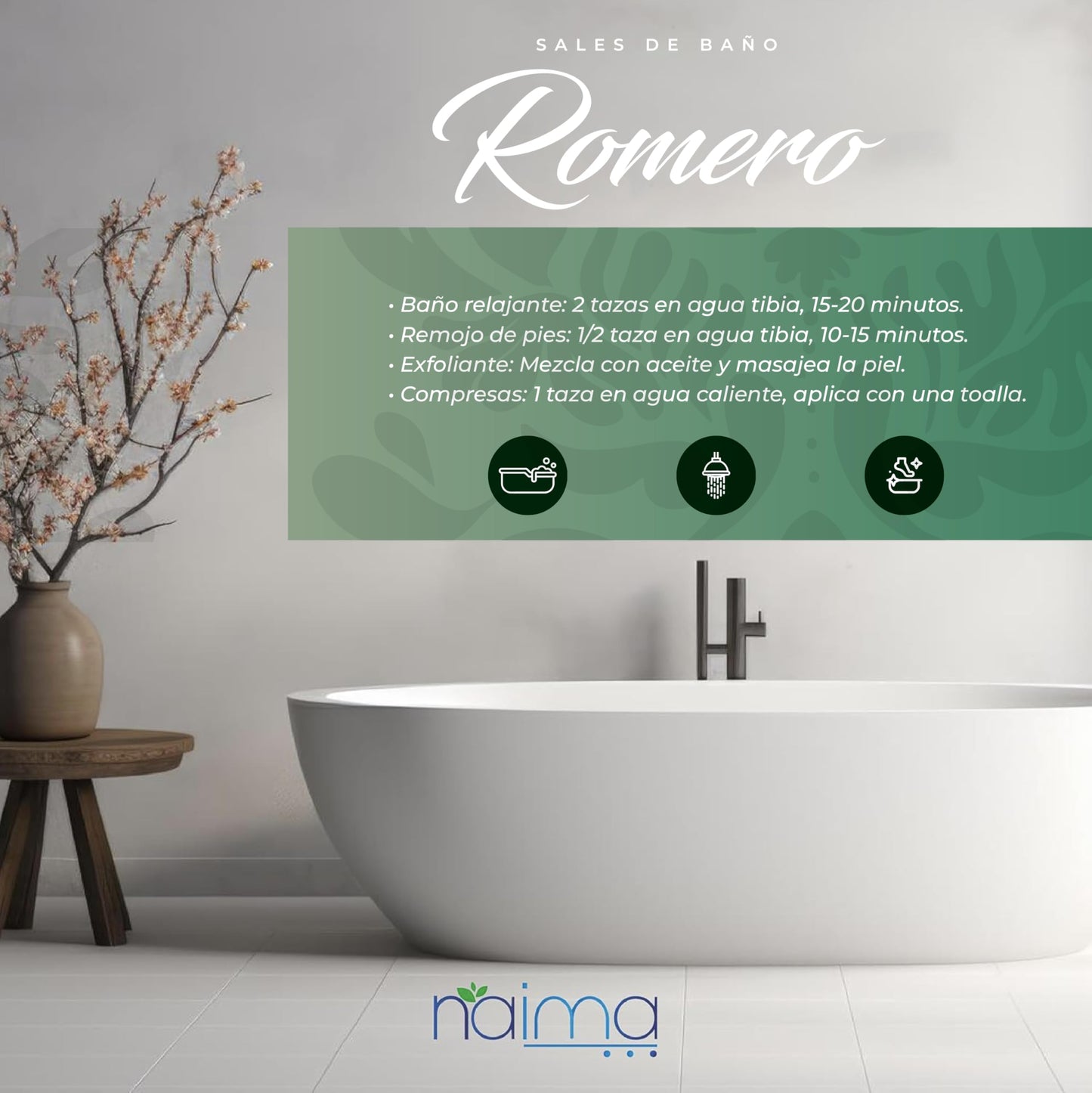 NAIMA Sal Epsom Romero, 1kg | Sulfato de Magnesio 100% Puro y Vegano | Relajante Para Baños, Masajes y Exfoliación | Ideal Para el Cuidado de Pies, Piel y Relajación en Casa| Sin Colorantes Artificiales