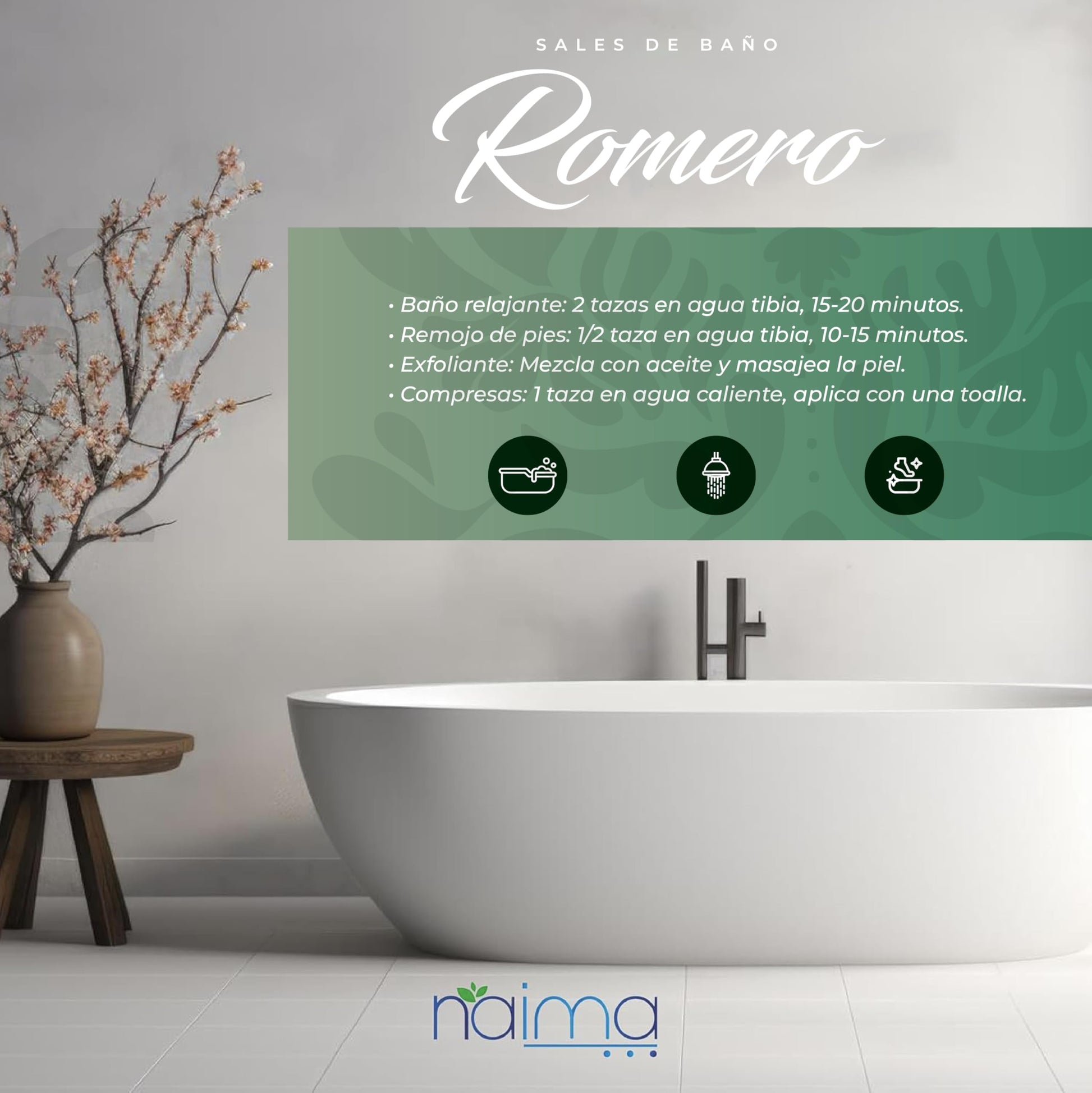 NAIMA Sal Epsom Romero, 1kg | Sulfato de Magnesio 100% Puro y Vegano | Relajante Para Baños, Masajes y Exfoliación | Ideal Para el Cuidado de Pies, Piel y Relajación en Casa| Sin Colorantes Artificiales