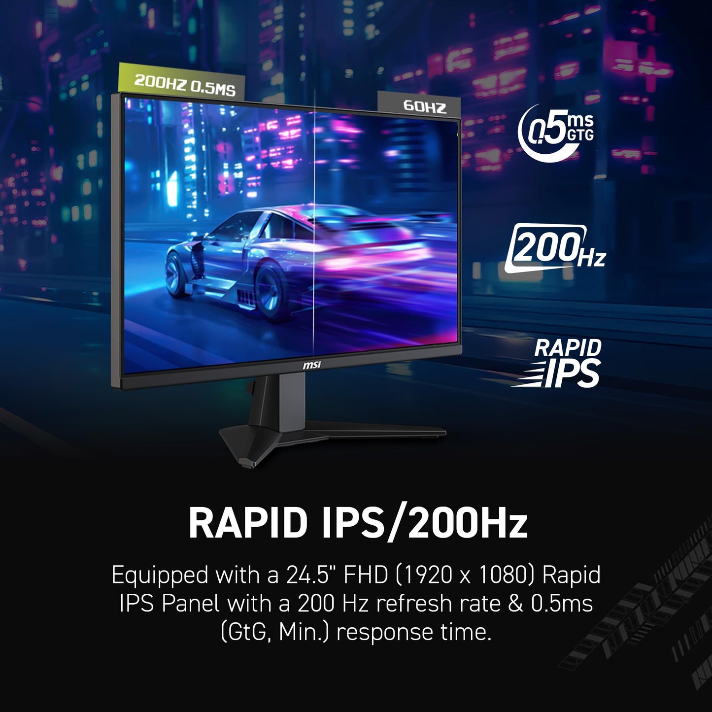 MSI mag 255F E20 25 Pulgadas 1920 x 1080 (FHD), Monitor para Juegos, 200Hz, sincronización adaptativa, HDMI, DisplayPort, Montaje VESA, inclinación, Altura Ajustable, Altavoz, 0,5 ms, Negro