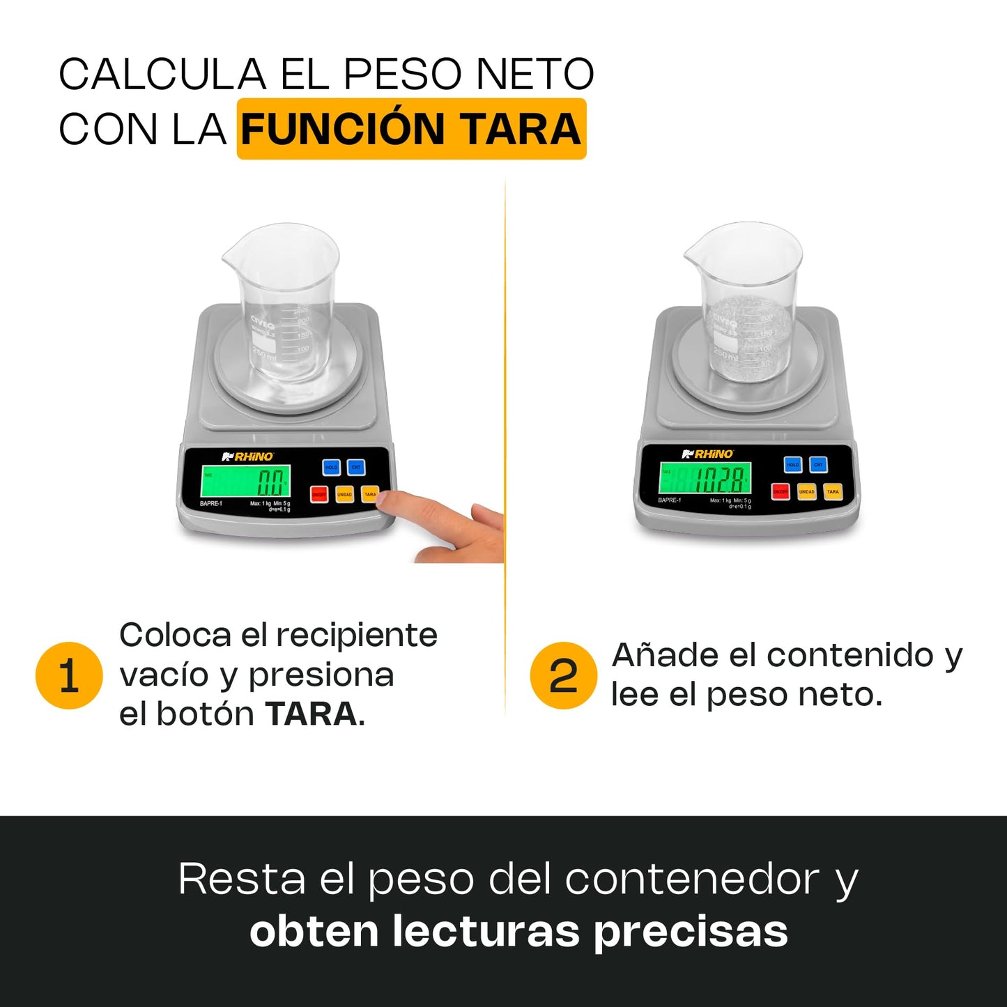 Báscula de Precisión RHINO Acero Inoxidable Diseño Compacto 1kg/0.1g con Función de Conteo y TARA