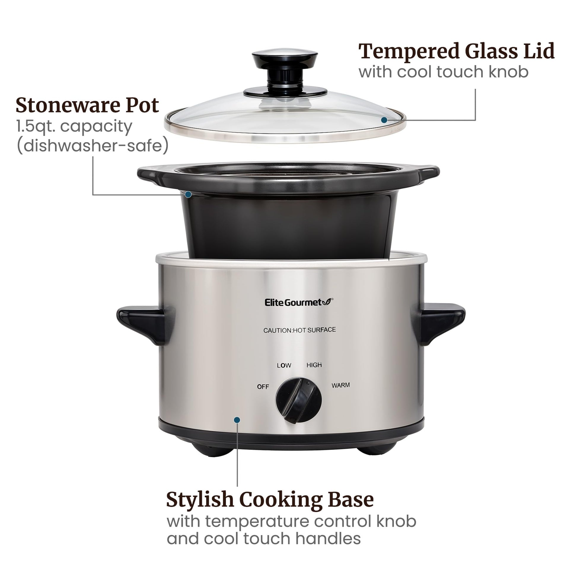 Elite Gourmet - Olla de cocción lenta eléctrica MST-250XS, temperatura ajustable, platos principales, salsas, guisos y salsas, tapa de vidrio para lavavajillas y olla de cerámica, capacidad de 1.5 cuartos de galón, acero inoxidable