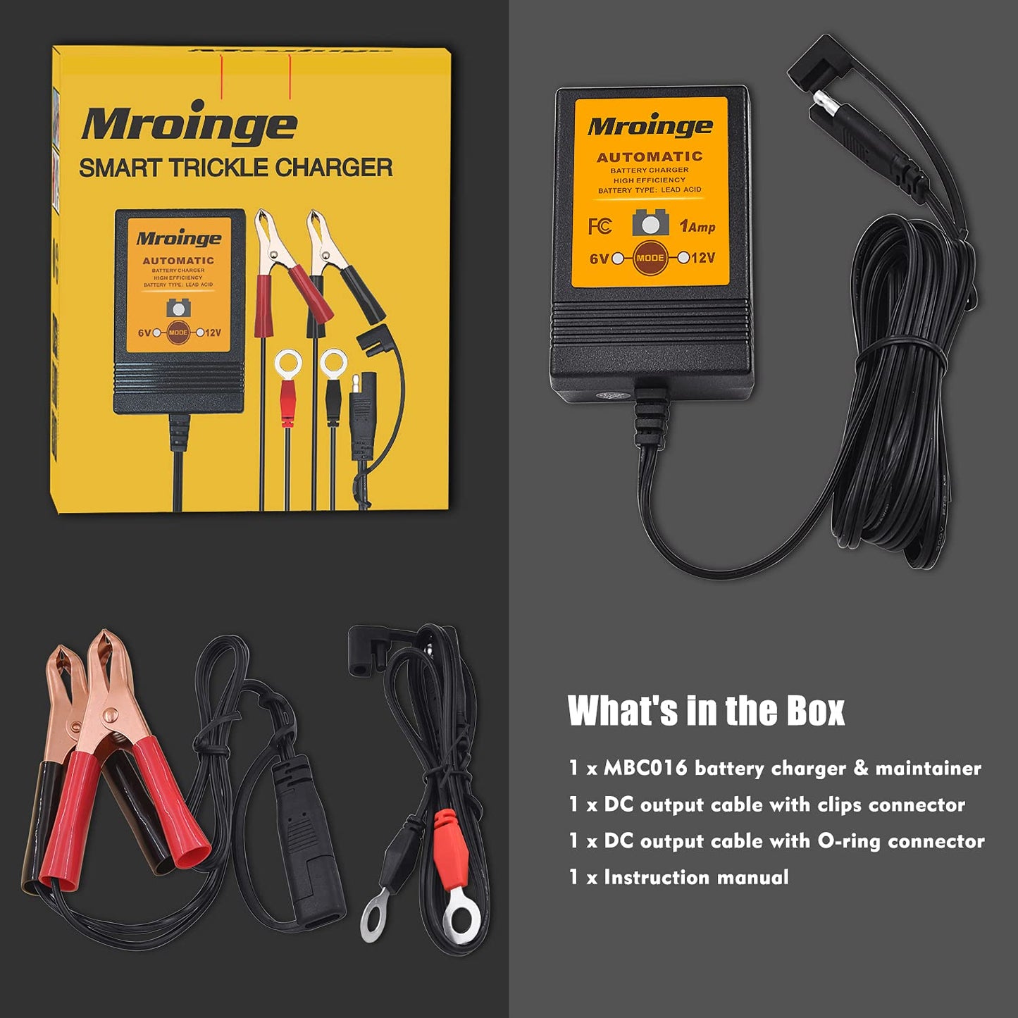 Mroinge Cargador y mantenedor de batería totalmente automático de 6 V/12 V 1 A para automóviles, motocicletas, cortacésped, ATV, RV, lancha, baterías selladas de gel AGM de ciclo profundo