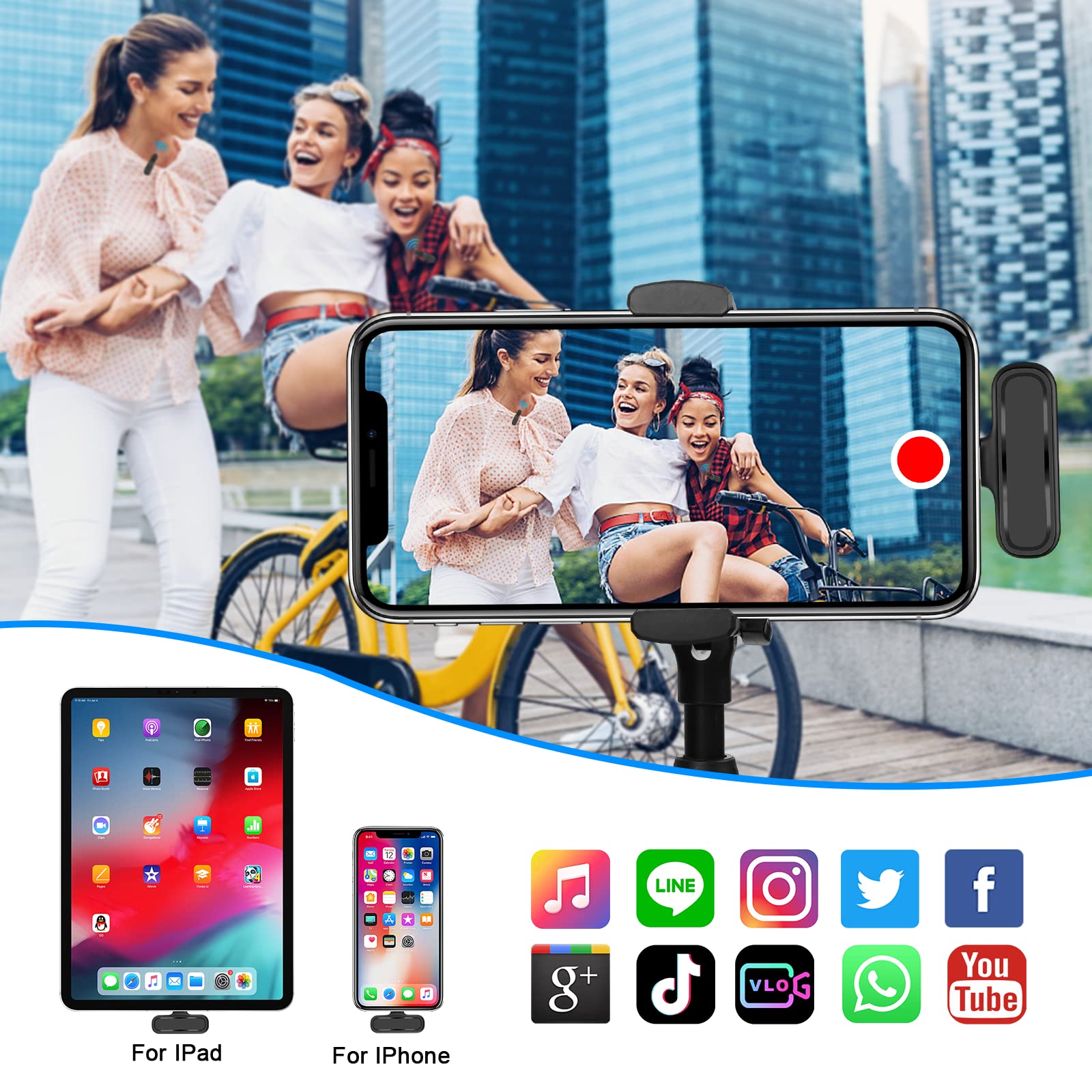 Micrófonos inalámbricos Lavalier JUSTFX Bluetooth reducción de ruido larga duración para iPhone/iPad