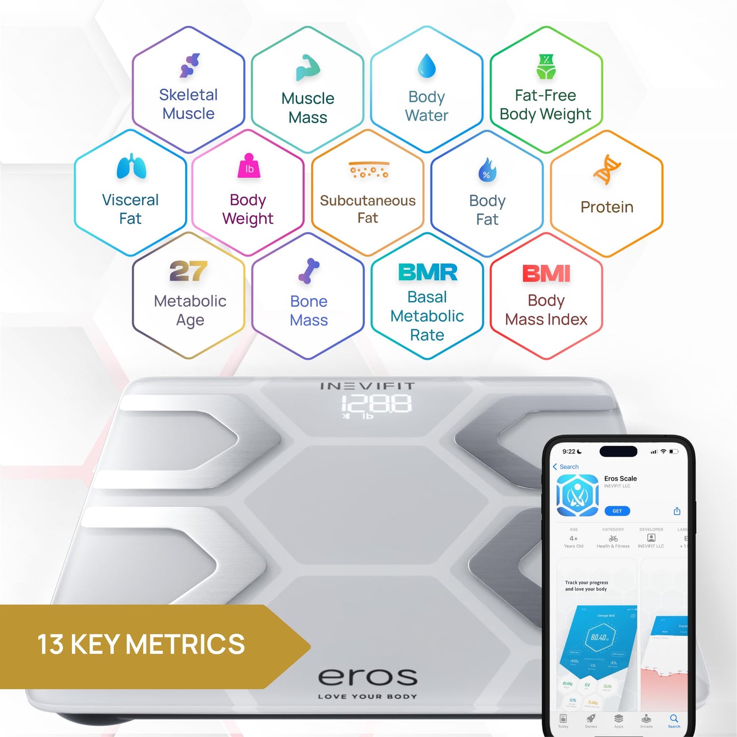 INEVIFIT EROS - Báscula digital de baño con Bluetooth y aplicación inalámbrica para smartphone (400 libras, 11,8 x 11,8 pulgadas), Blanco, Large Platform 11.8"X11.8"