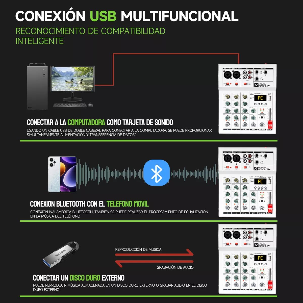 Mezcladora de Audio Profesional RodeoSonido XA4 Negra 4 Canales con Bluetooth y USB para DJ y Estudio