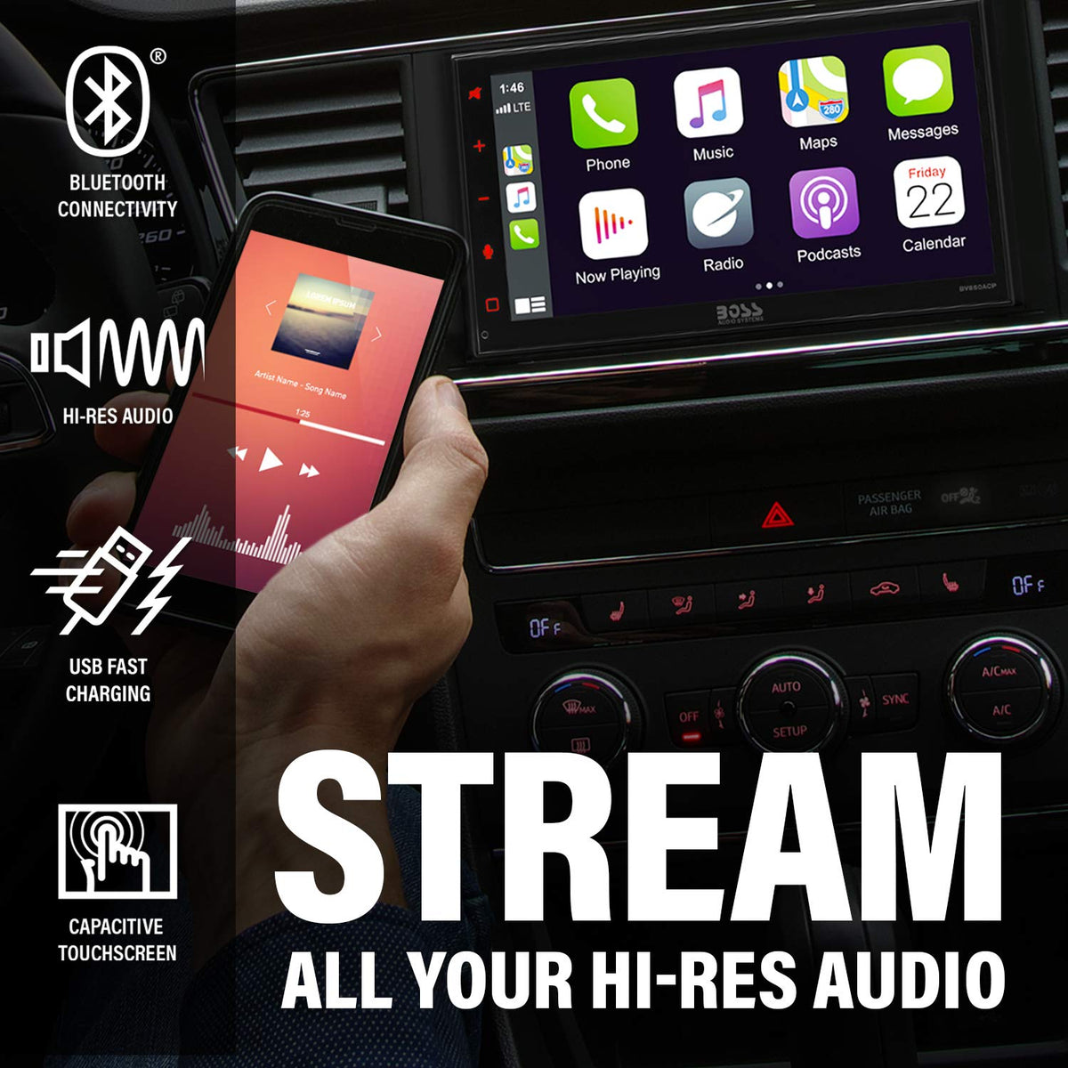 Reproductor Multimedia para Coche BOSS Audio Systems Elite BV850ACP Negro Doble DIN con Apple CarPlay-Android Auto y Pantalla Táctil de 6.75 Pulgadas