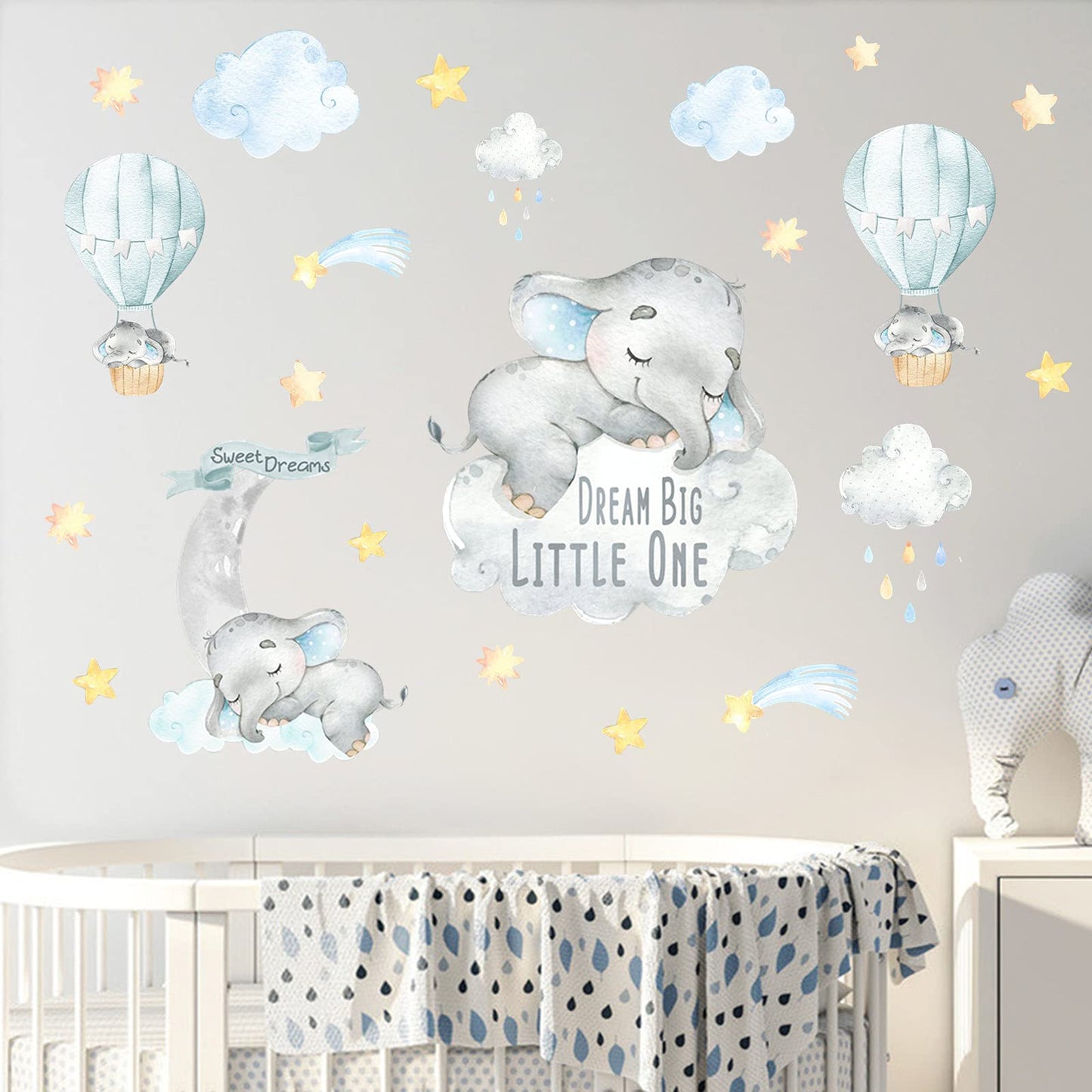 Yovkky - Calcomanías de Pared con Diseño de Elefante de Acuarela Azul, Luna y Globo de Aire Caliente, Decoración para Cuarto de Bebé, Habitación, Sala de Juegos, Vinilo Extraíble e Impermeable