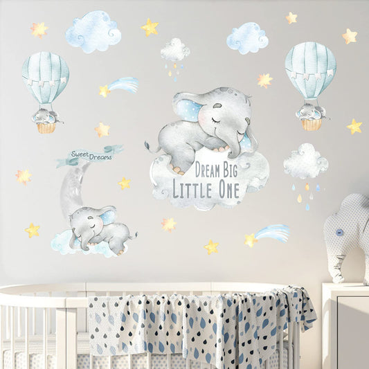 Calcomanías de Pared Yovkky Azul con Diseño de Elefante de Acuarela y Globo de Aire Caliente para Cuarto de Bebé