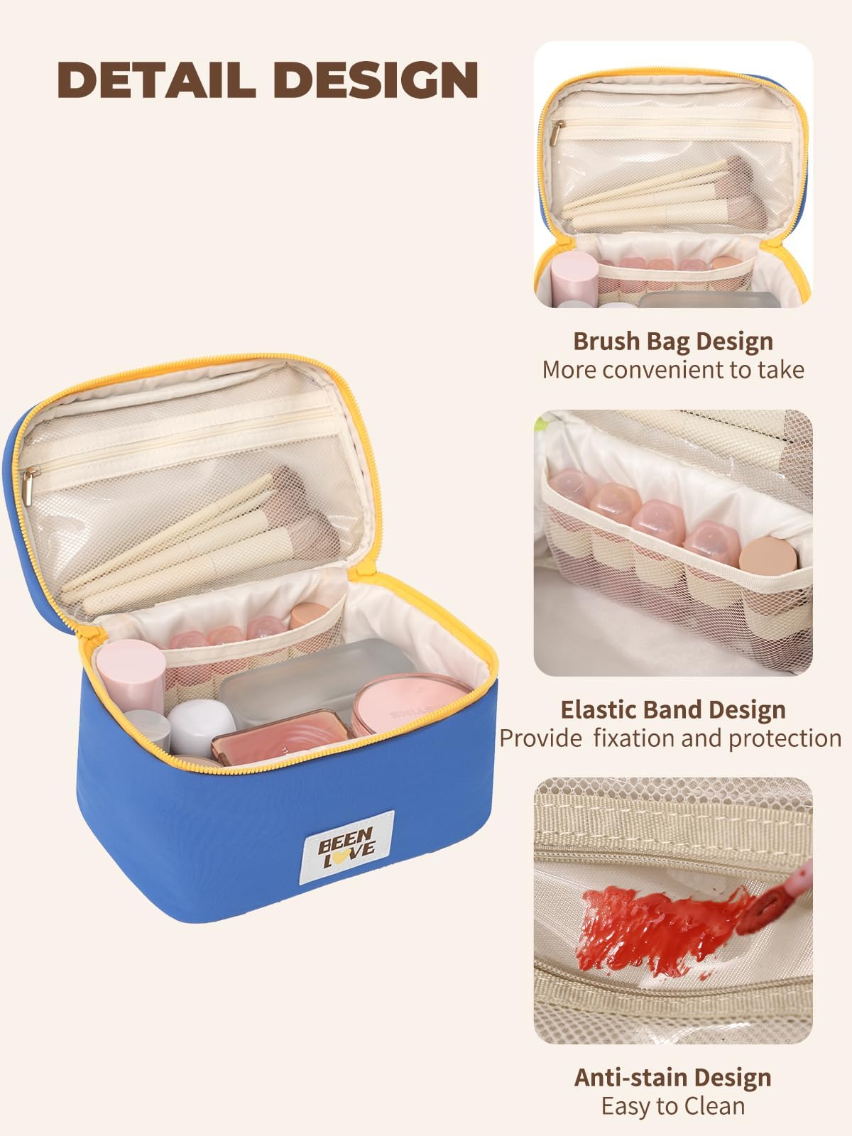 Lalamisi - Bolsa de maquillaje de viaje para mujer, bolsa de maquillaje de gran capacidad, bolsa organizadora, bolsa de aseo portátil, impermeable, con asa y divisor, Azul, Bolsa de cosméticos de moda