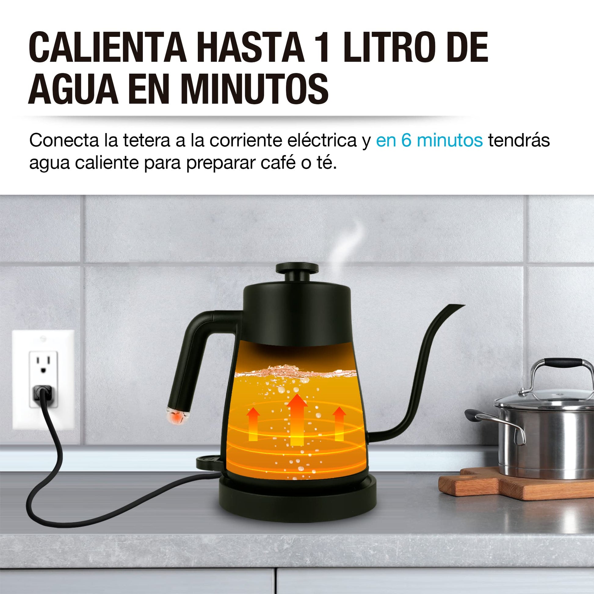 CASA LITUS Tetera Eléctrica de Acero Inoxidable con Cuello de Cisne, Hervidor de Agua Eléctrico con Apagado Automático y Tapa Hermética, Jarra para Preparar Café, Té y más, Cap. 1 Litro, Mod. Hamburgo