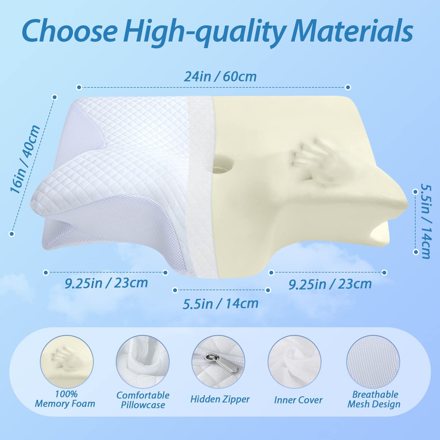 HOMCA Almohada Cervical de Espuma con Memoria, 2 en 1 Almohada Ortopédica de Contorno Ergonómico para el Dolor de Cuello, Almohadas de Soporte Contorneadas para Dormidores de Lado Espalda Estómago