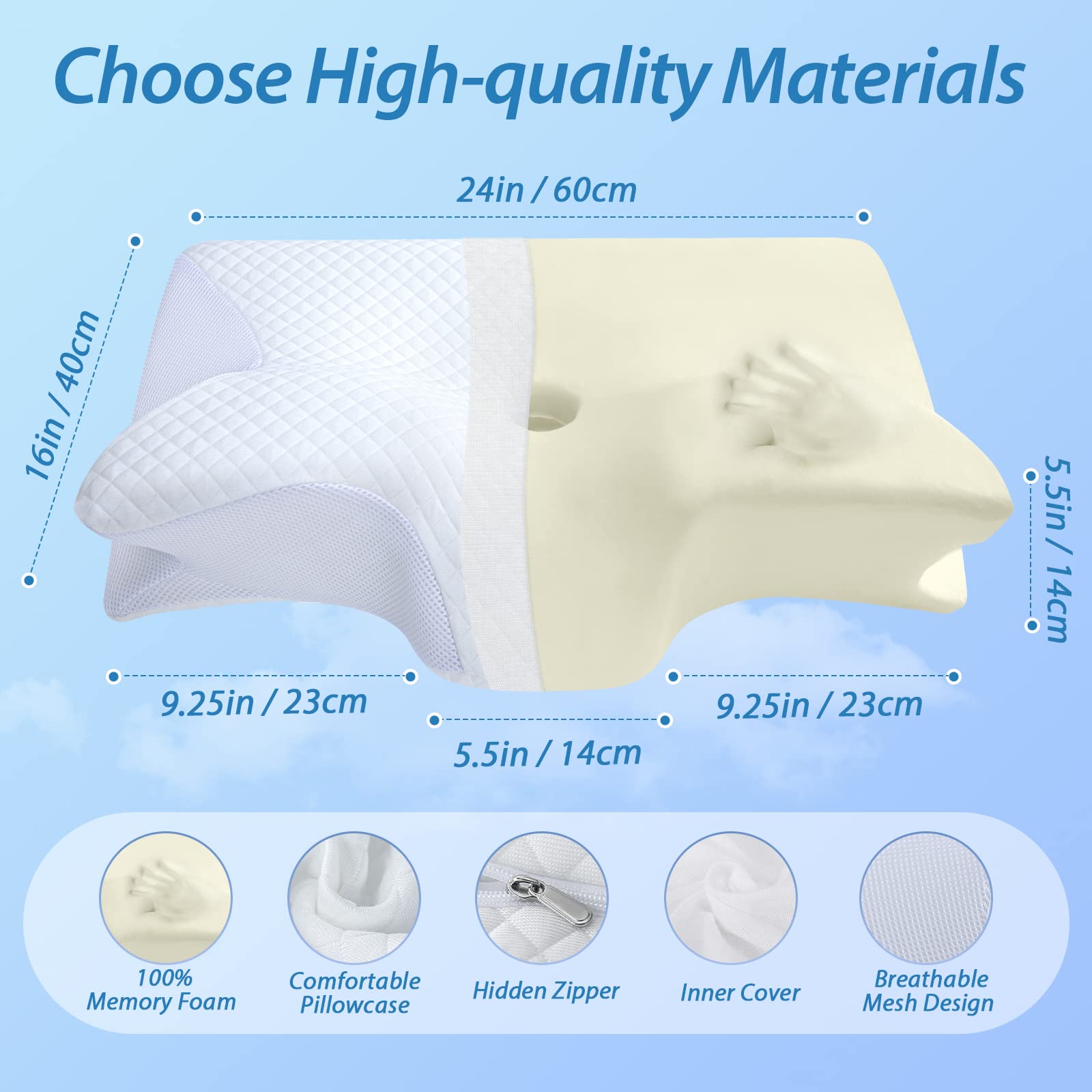 HOMCA Almohada Cervical de Espuma con Memoria, 2 en 1 Almohada Ortopédica de Contorno Ergonómico para el Dolor de Cuello, Almohadas de Soporte Contorneadas para Dormidores de Lado Espalda Estómago