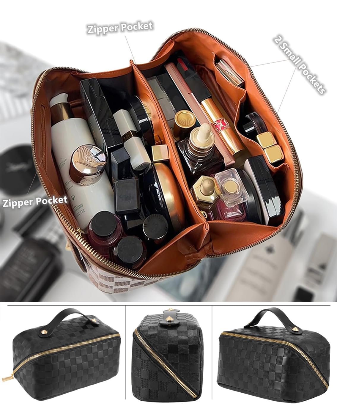 jiffordwind Bolsas de maquillaje de viaje a cuadros organizadoras de cosméticos: 2 juegos de bolsa de maquillaje impermeable de gran capacidad, bolsa de aseo de piel sintética para mujer, bolsa