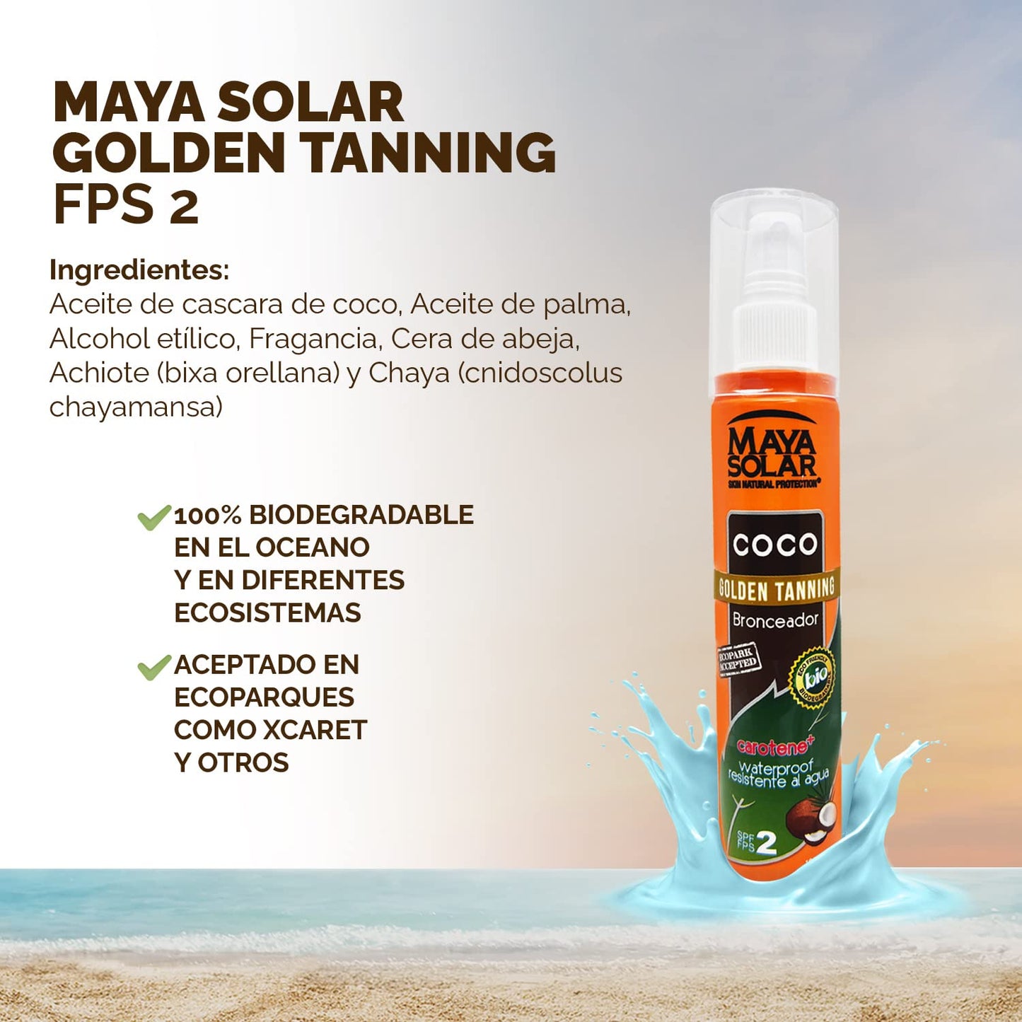 Maya Solar Aceite Bronceador de Coco FPS 2, Hidratante, 100% Ecológico
