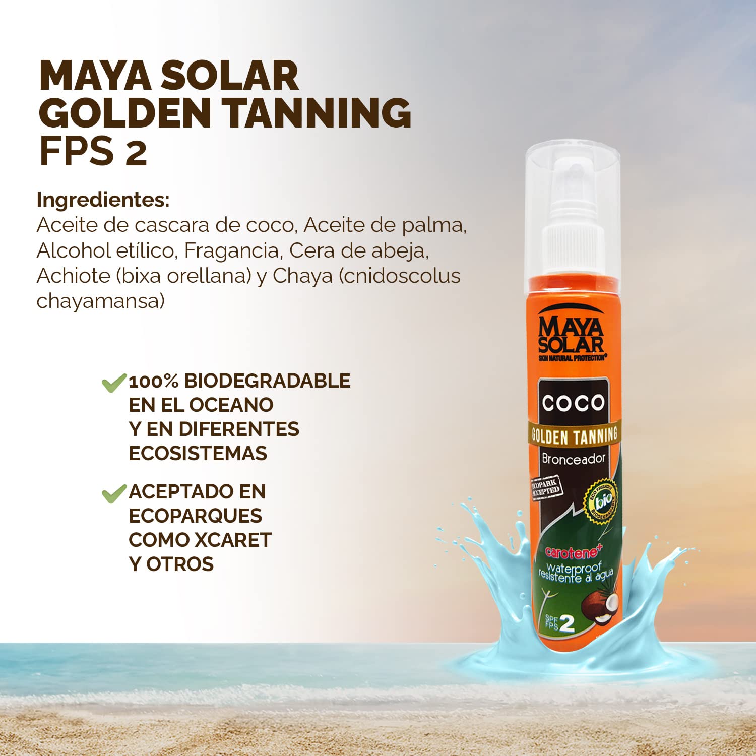 Maya Solar Aceite Bronceador de Coco FPS 2, Hidratante, 100% Ecológico