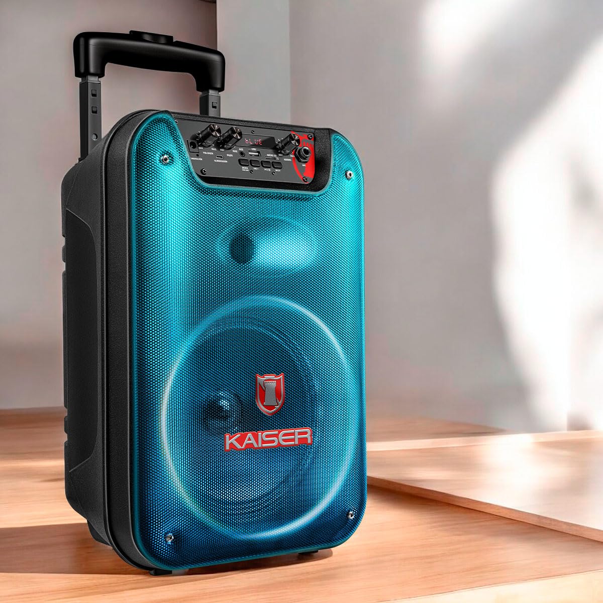 Bocina Bluetooth Tipo de 8 pulgdas con Luz Tipo Flama, KSR-Link, Recargable, Bluetooth, FM, USB, Micro SD, Micrófono Alámbrico, Trolley, Potencia de 20W RMS