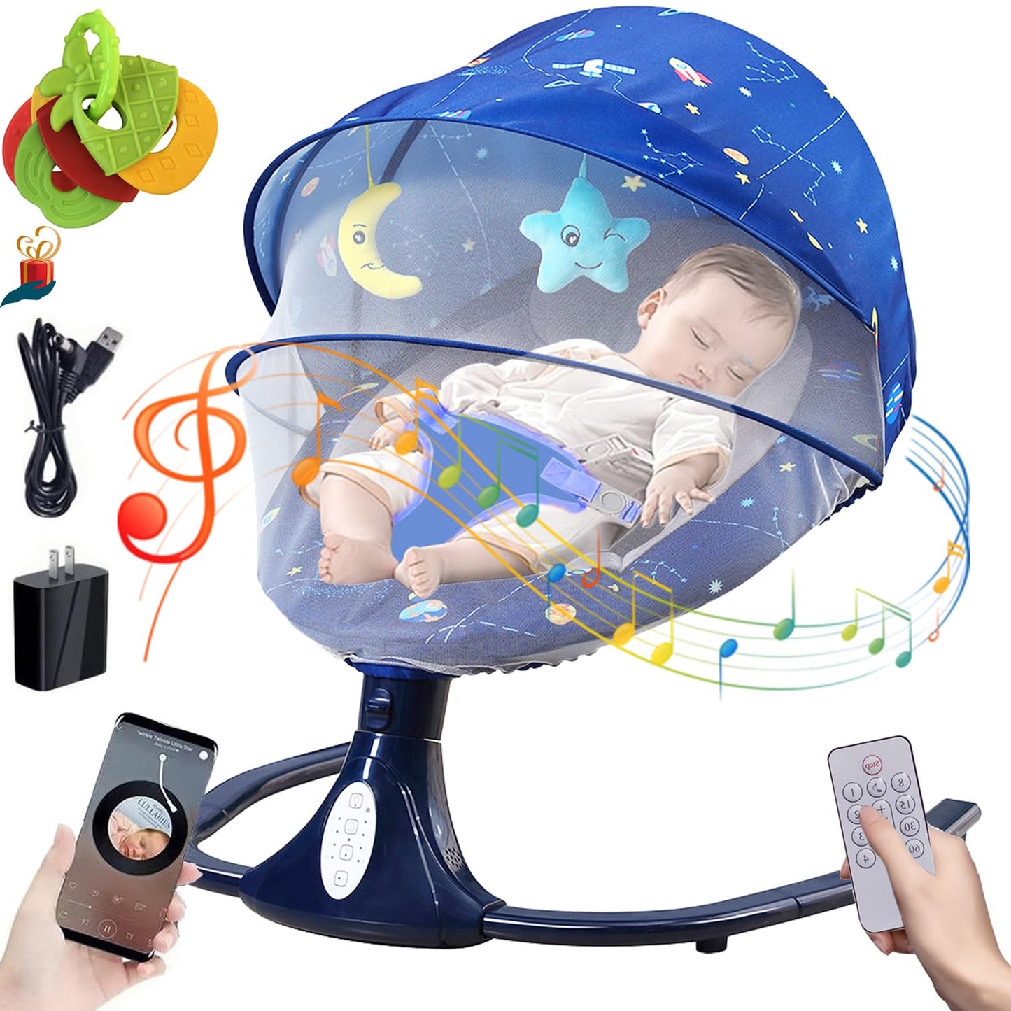 Mecedora Eléctrica PERFECTOP Azul Estrellado con Bluetooth y Mando a Distancia para Bebé