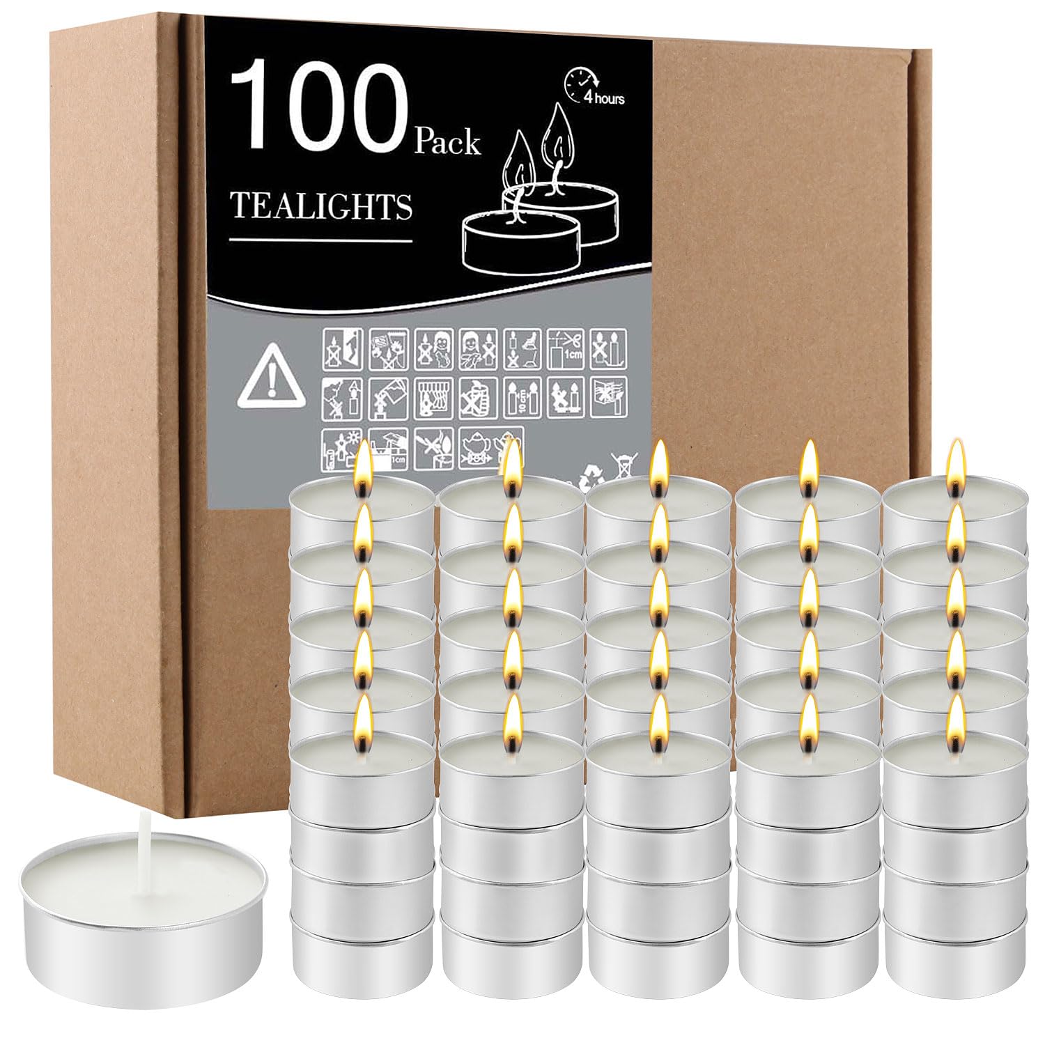 Velas de Té Cera Natural Blanco Sin Humo Inodoras 100 Unidades Duración 4 Horas Luz Cálida y Relajante