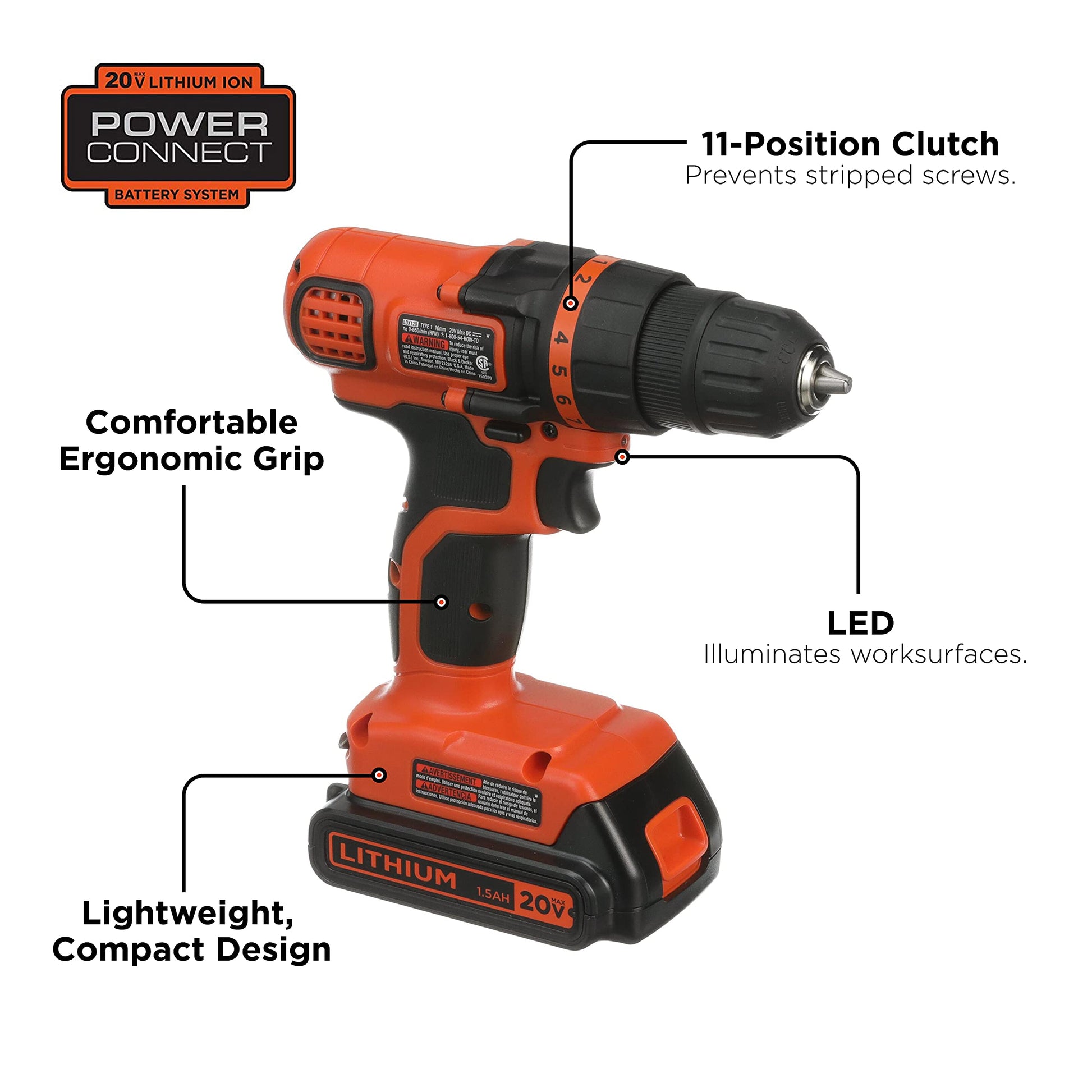 Black + Decker 20V MAX Taladro y kit de herramientas para el hogar, 68 Piezas (LDX120PK), Negro/Naranja