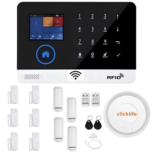 Clicklife - Kit Alarma WiFi Sistema de Seguridad Inalambrica para Casa y Negocio con App Celular, Compatible con Google y Alexa Notificaciobnes en Tiempo Real (10 Sensores, Control de 100 Zonas)