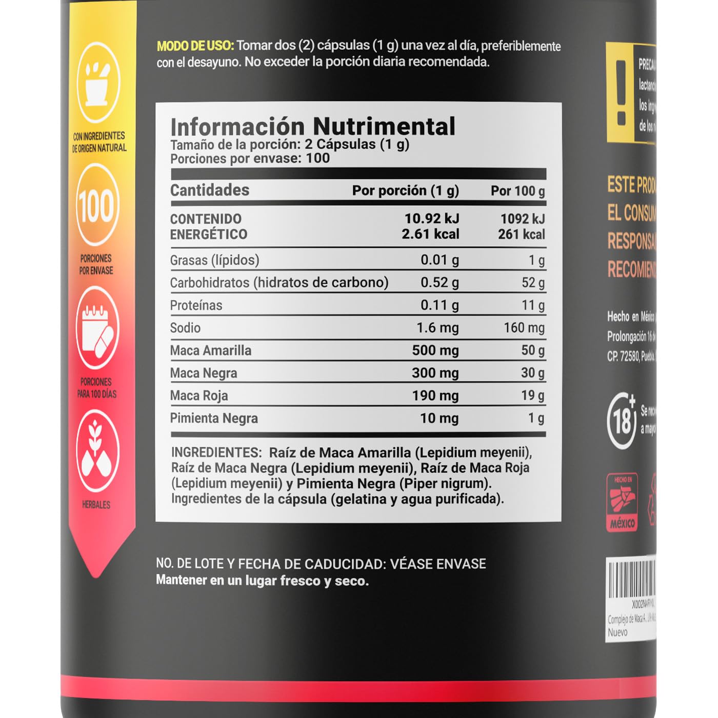 Complejo de Maca 200 Cápsulas 1000 mg por porción. Amarilla, Negra, Roja y Pimienta Negra. Ingredientes naturales. Maca Blend.