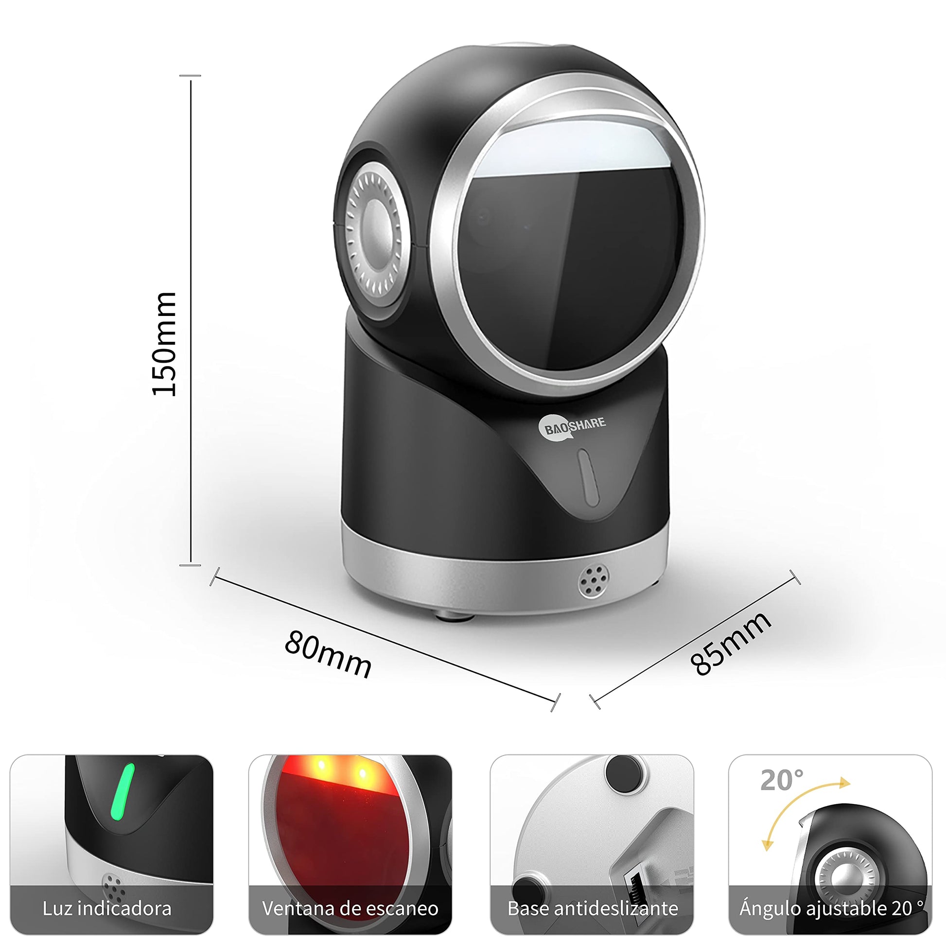BAOSHARE Escáner de código de Barras de Escritorio 1D 2D QR, Lector de código de Barras USB automático Manos Libres omnidireccional