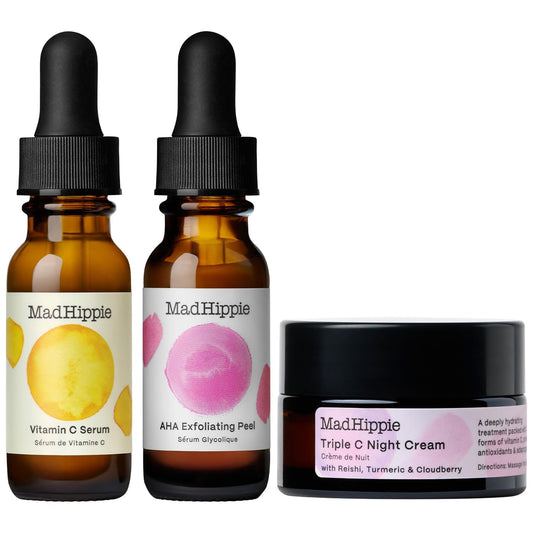 MAD HIPPIE Mini kit aclarante Skin Brightening incluye Serum de vitamica C 30ml, exfoliante de AHA 30ml y crema de Noche Triple C ultrahidratante 60g