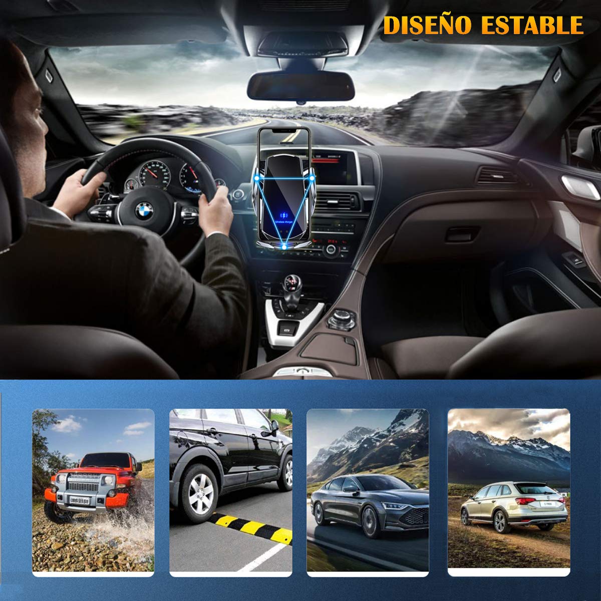 DQST Cargador de Coche Inalámbrico, Soporte de Teléfono para Coche, Soporte Cargador 2 en 1, Sujeción Automática, Soporte de Ventilación para Todos Teléfonos Móviles con Función de Carga Inalámbrica