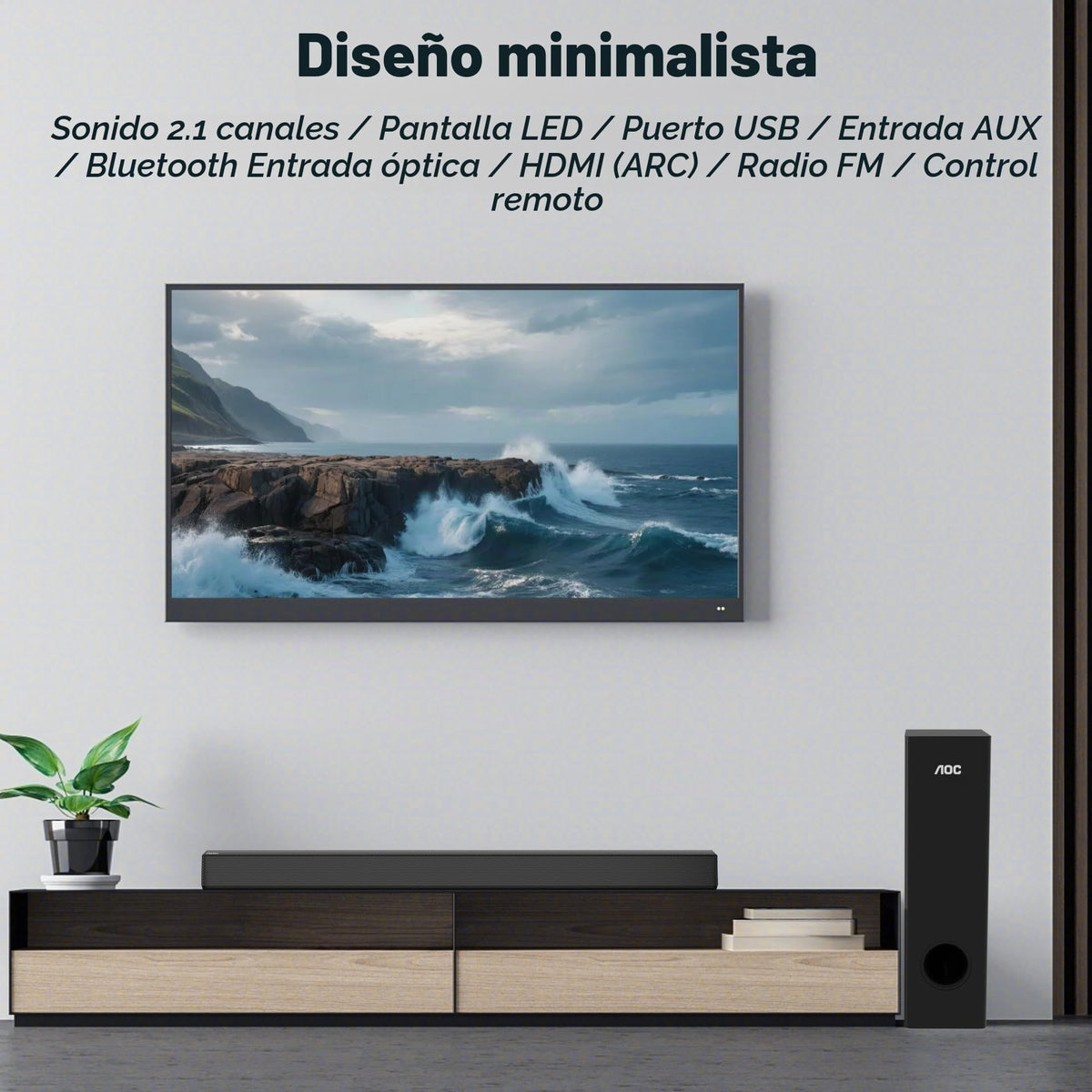 Barra de Sonido AOC ACS3410 Negro con Altavoz Bluetooth de 85 W para Cine en Casa