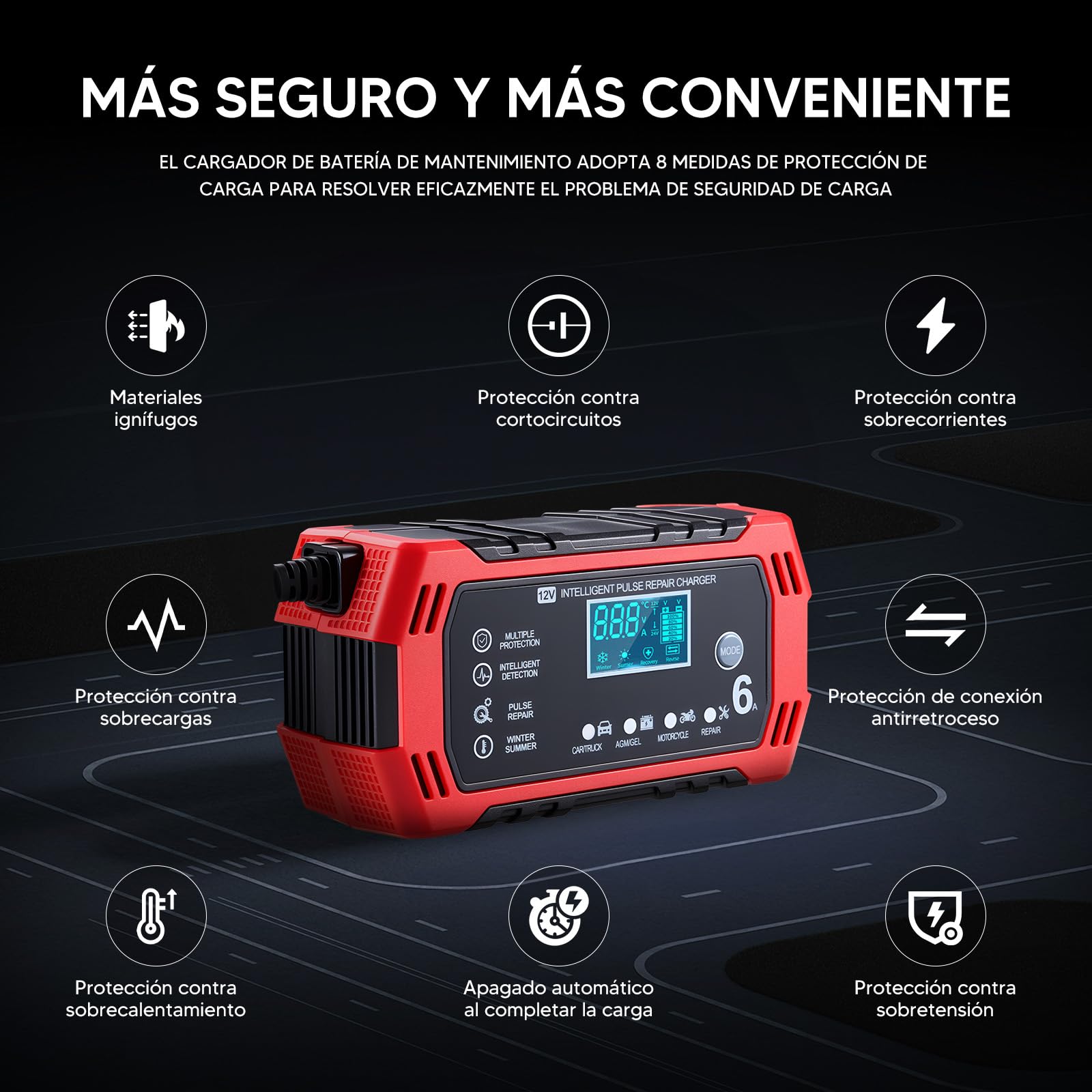 HUSEYTA Cargador de Bateria de Auto 12V 6A,Adecuado para Coches, Motos y SUV,con LCD Pantalla Pantalla,Múltiples Protecciones, Regulación de Corriente Inteligente para Cargar y Proteger la batería.