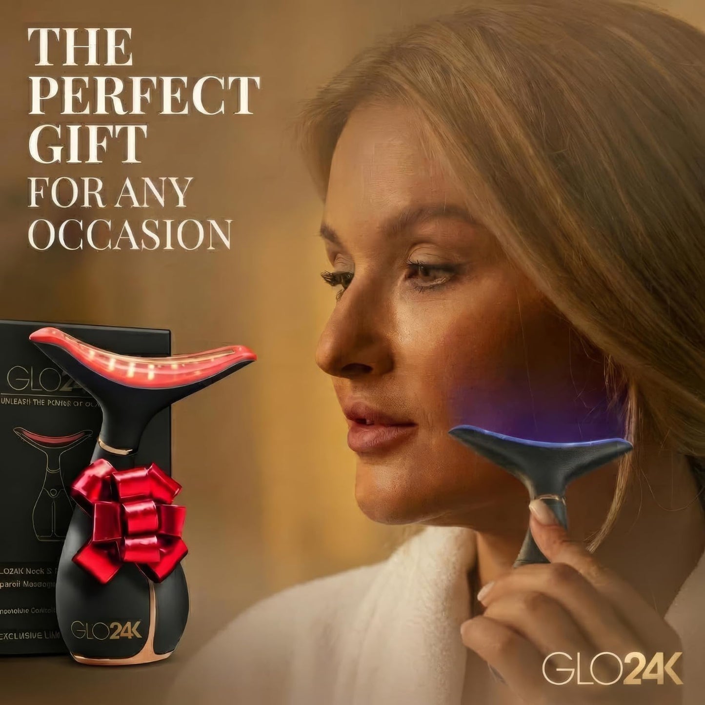 GLO24K - Dispositivo de belleza para rejuvenecimiento de la piel para cara y cuello, basado en tecnología LED de triple acción, térmica y vibración. Levanta y aprieta la piel flácida para una apariencia radiante.