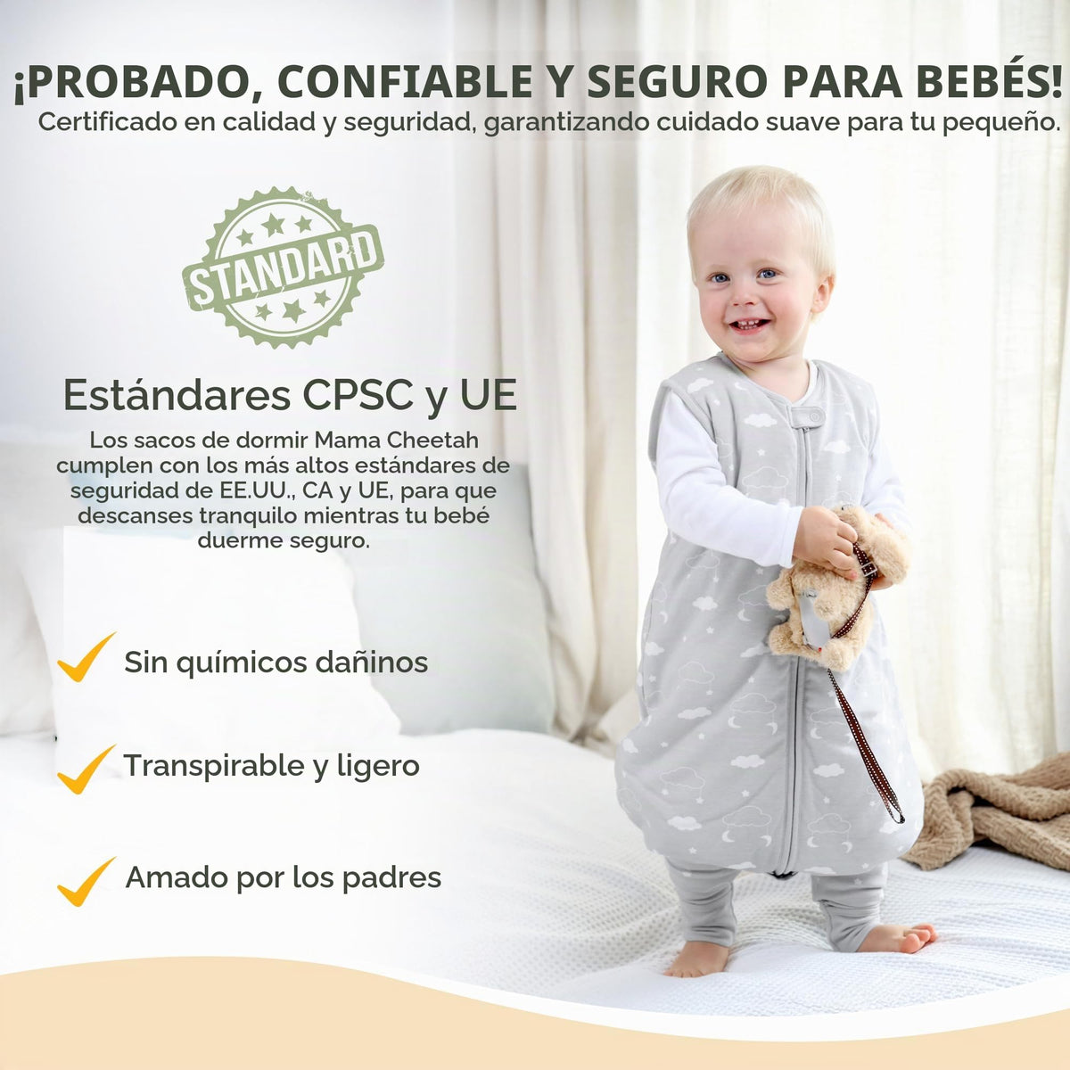 Mama Cheetah Saco de Dormir para Niños Pequeños con Pies 2T, 1.0 TOG Mantas Portátiles de Algodón Orgánico para Bebé con Piernas, Saco de Dormir para Bebé para Caminantes, Caminante Temprano Mediano