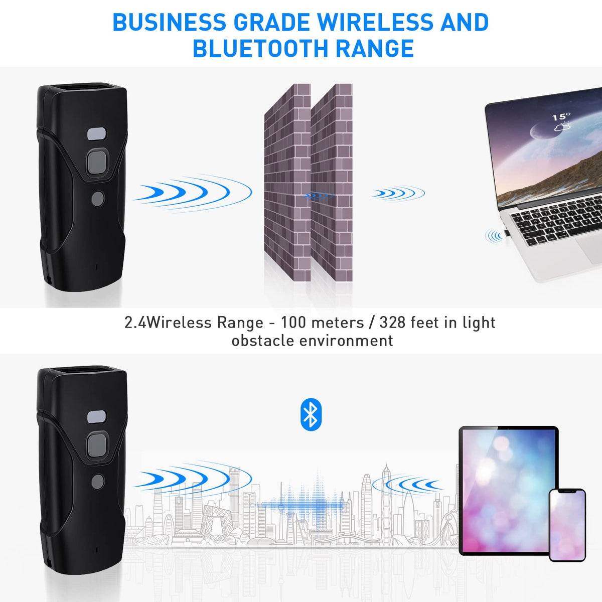 Escáner de Código de Barras Jrhc Mini 2D Negro Portátil Inalámbrico Bluetooth 3 en 1 Compatible con iOS, Android, Windows, Mac y PC