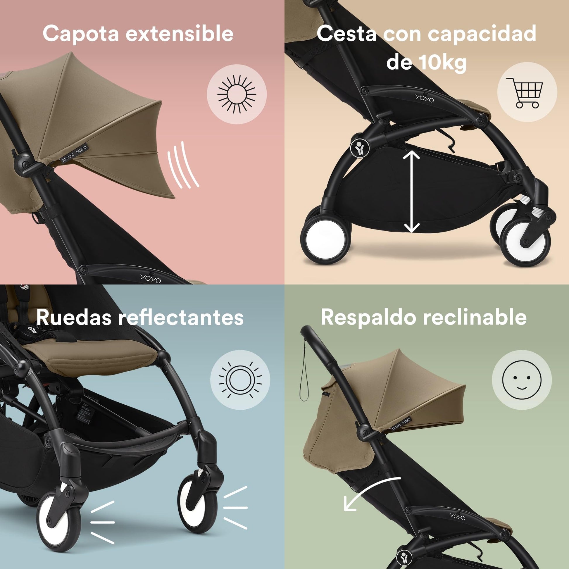 Carriola Stokke YOYO3 a partir de 6 meses - Incluye chasis negro/cojín de asiento Toffee + dosel - Se pliega y despliega en un instante - Ligeroa y compacta - Compatible con equipaje de mano