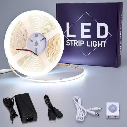 GOMING 24V 10M Sensor de Movimiento COB LED Tira de Luz Blanco Frío 6000K CRI 93+ IP20 No Impermeable con 24V 3A Adaptador de Corriente para Armarios de Cocina Escalera Escaparate Dormitorio Cama