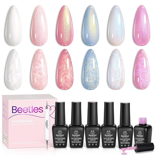 Beetles Gel Polish 6 Colores Brillo Perlado Blanco Rosa Azul Esmalte Uñas Gel Sirena Soak Off UV LED Primavera Verano Gel Remolino Efecto Hilo DIY Manicura Arte