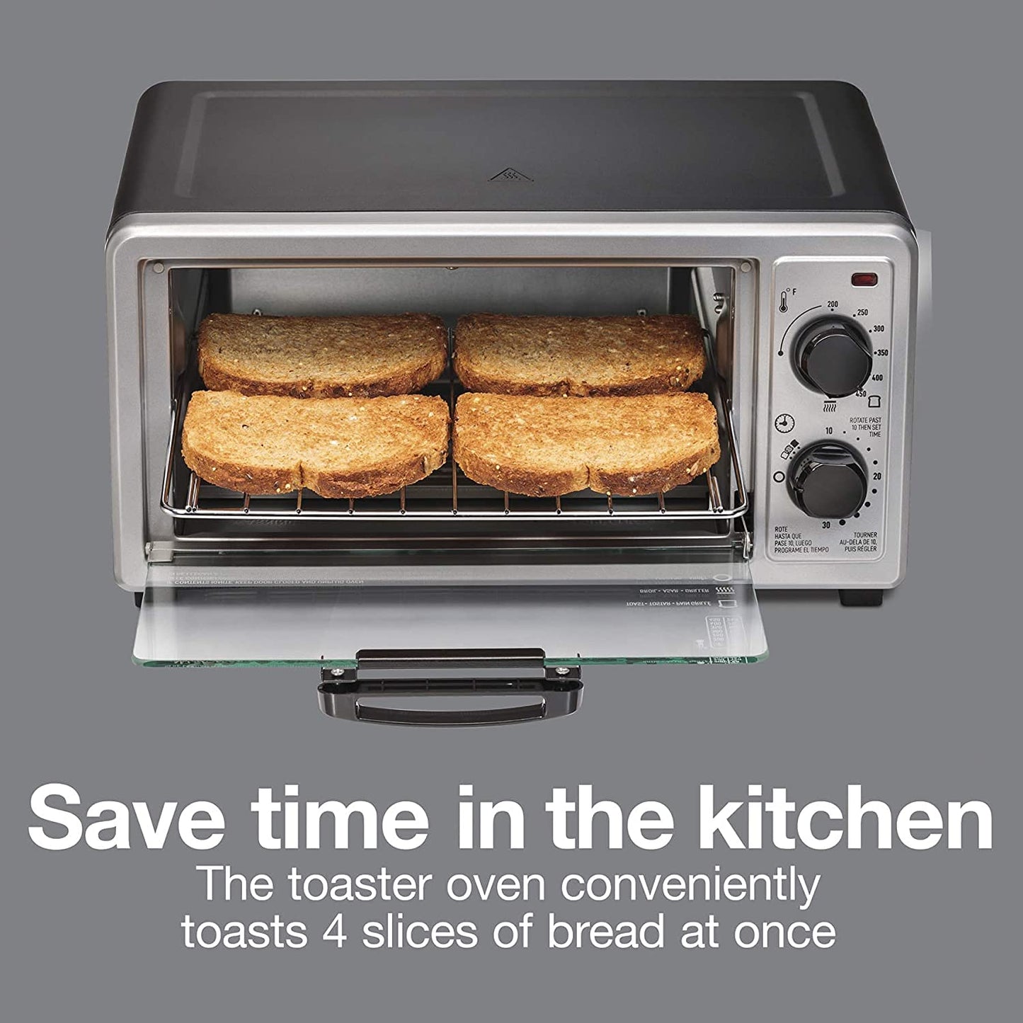Horno tostador Baz, multifunción con 4 rebanadas, tostadas y pollo, 1100 vatios, temporizador de 30 min y apagado automático, incluye bandeja para hornear, negro y plateado, modelo 31260