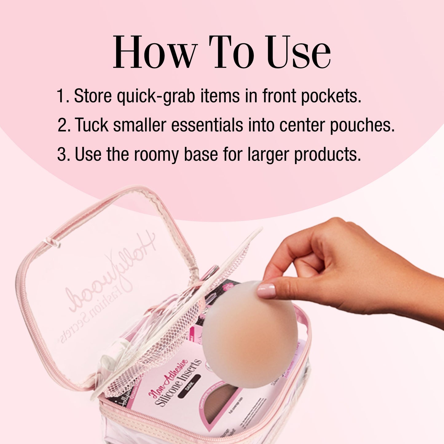 Hollywood Fashion Secrets - Bolsa de maquillaje transparente - Organizador de almacenamiento, pequeña bolsa de maquillaje de viaje, bolsa de cosméticos para mujeres con divisor