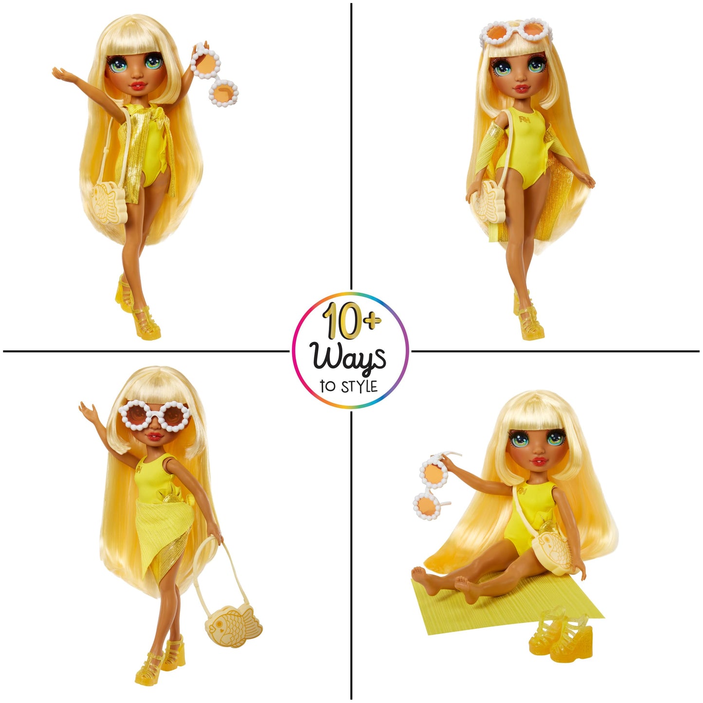 Muñeca Rainbow High Sunny Amarillo con Pareo y Traje de Baño Removible para Niños y Niñas