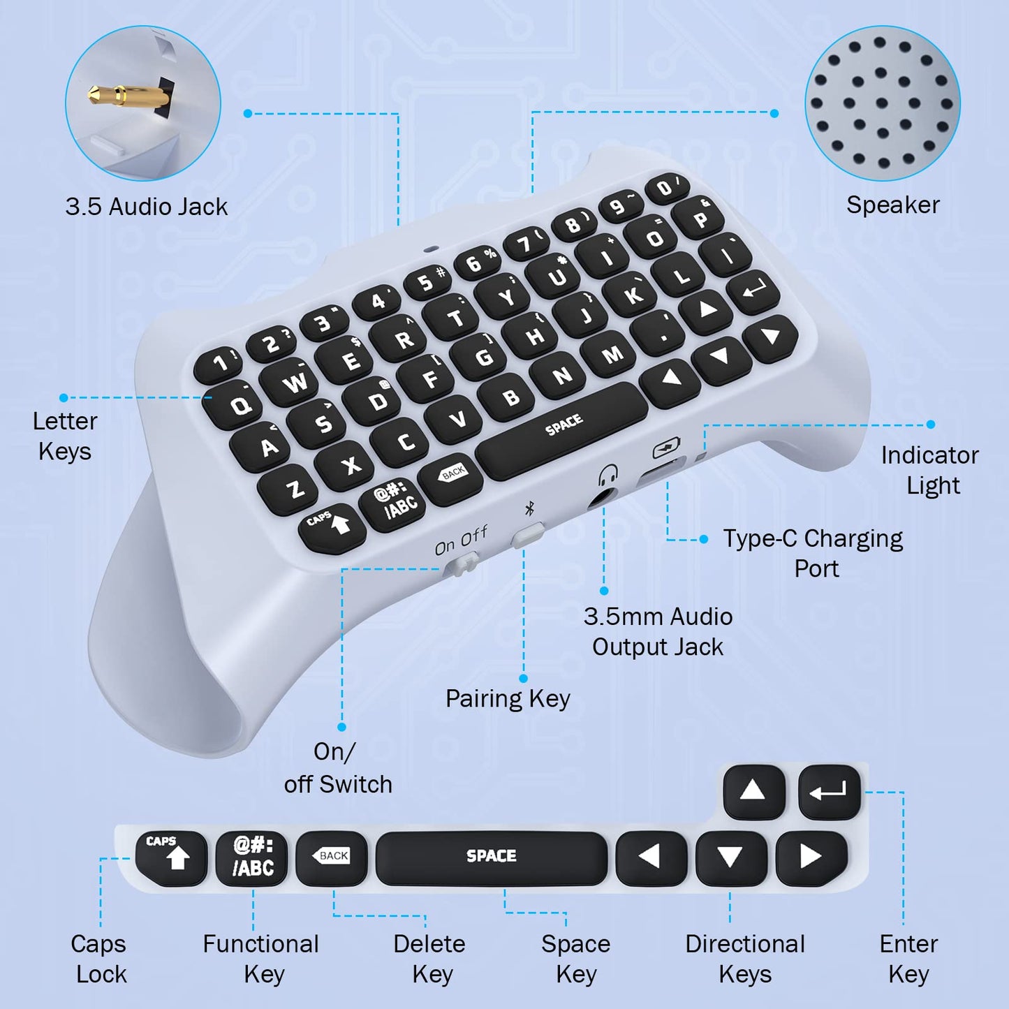 Teclado Retroiluminado Verde MoKo Blanco con Altavoz y Jack de Audio para Controlador PS5