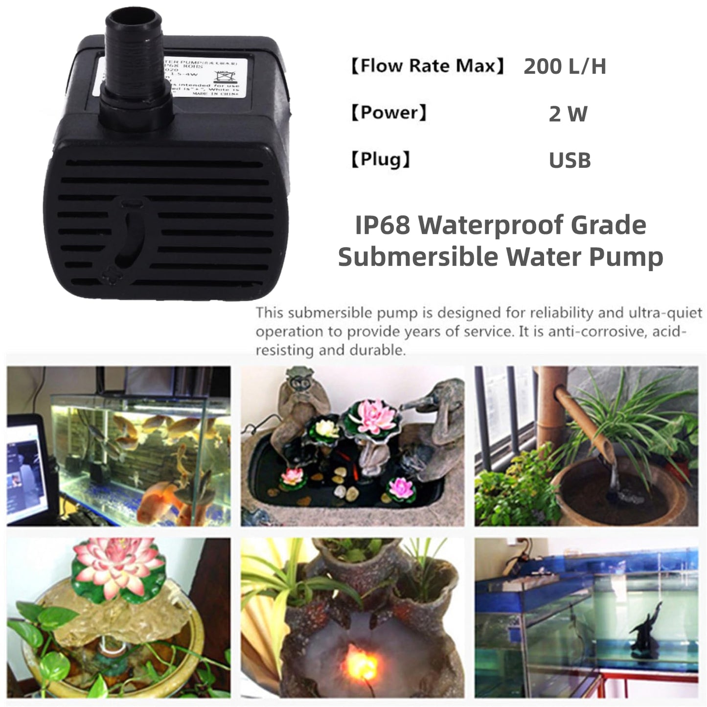 Bomba de agua micro sumergible Mini bomba de refuerzo con USB, DC Motor sin escobillas Bomba de fuente de agua para acuario, piscina, estanque, pecera, 150L / H